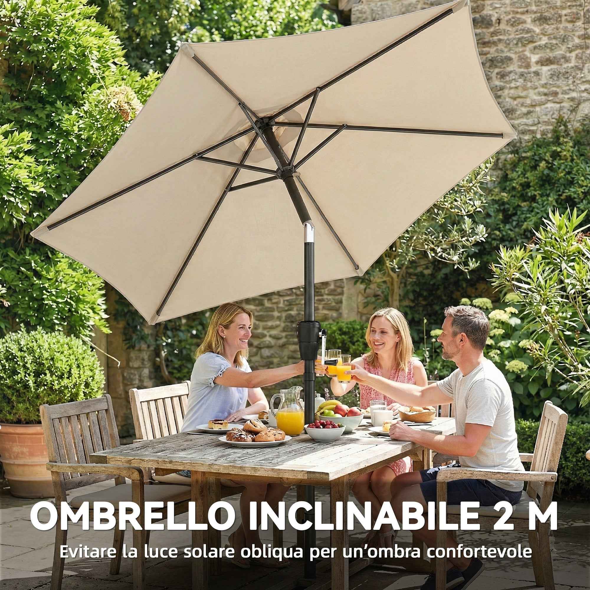 Outsunny 2x2m Tilting Garden Umbrella with 6 Ribs and Crank Handle, in Metal and Polyester, Light Grey