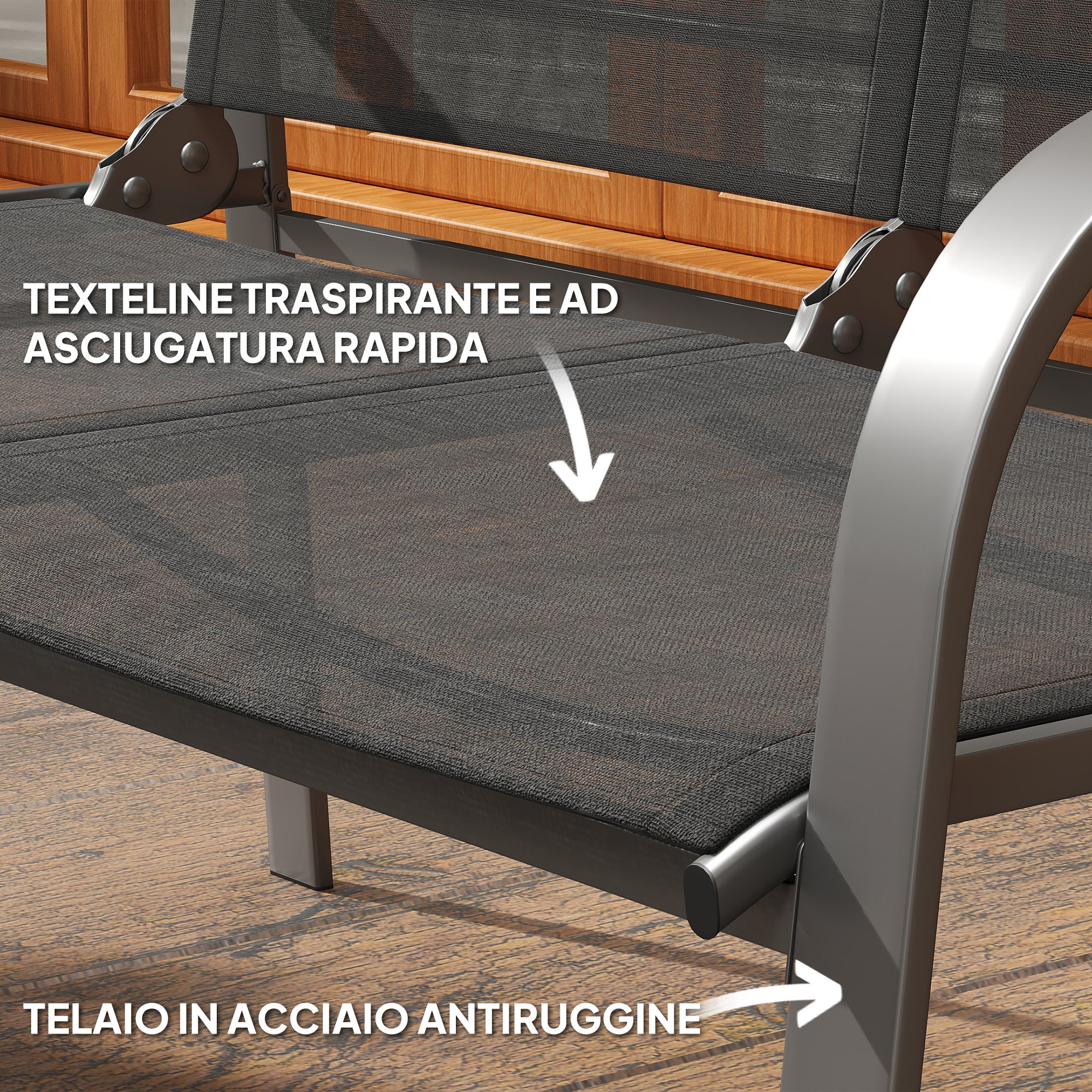 4-Piece Outdoor Set with Coffee Table, 2 Chairs and Sofa with Adjustable Backrest, in Steel and Black Textilene