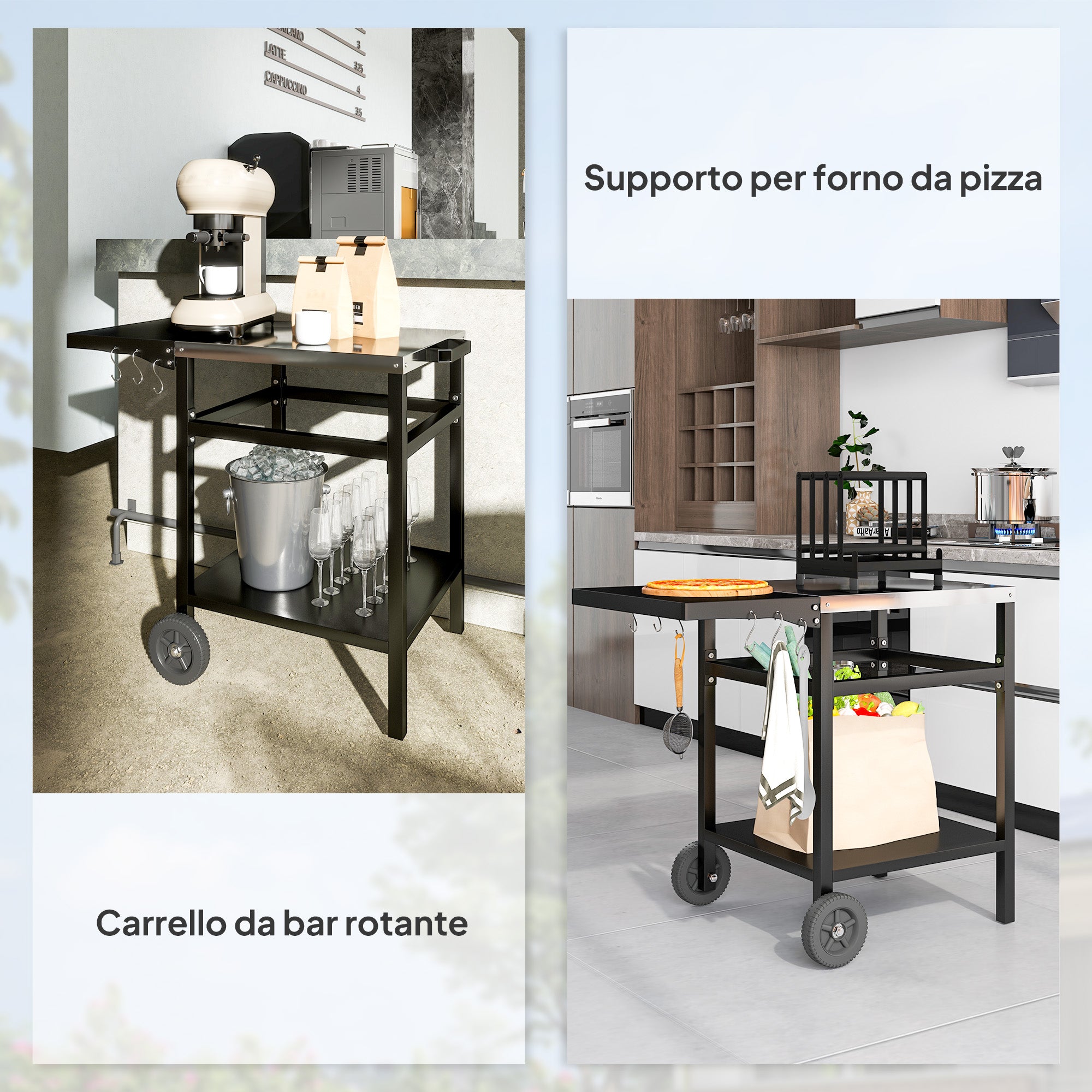 Barbecue Trolley with Steel Top and Foldable Shelf, Wheels and Hooks, 91x58x76 cm, Black