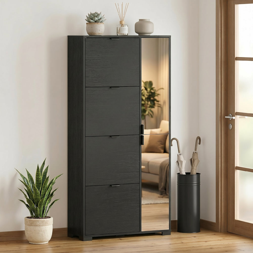 HOMCOM Modern Shoe Rack with Mirror, 4 Drop-Down Drawers, Holds up to 16 Pairs of Shoes, Black