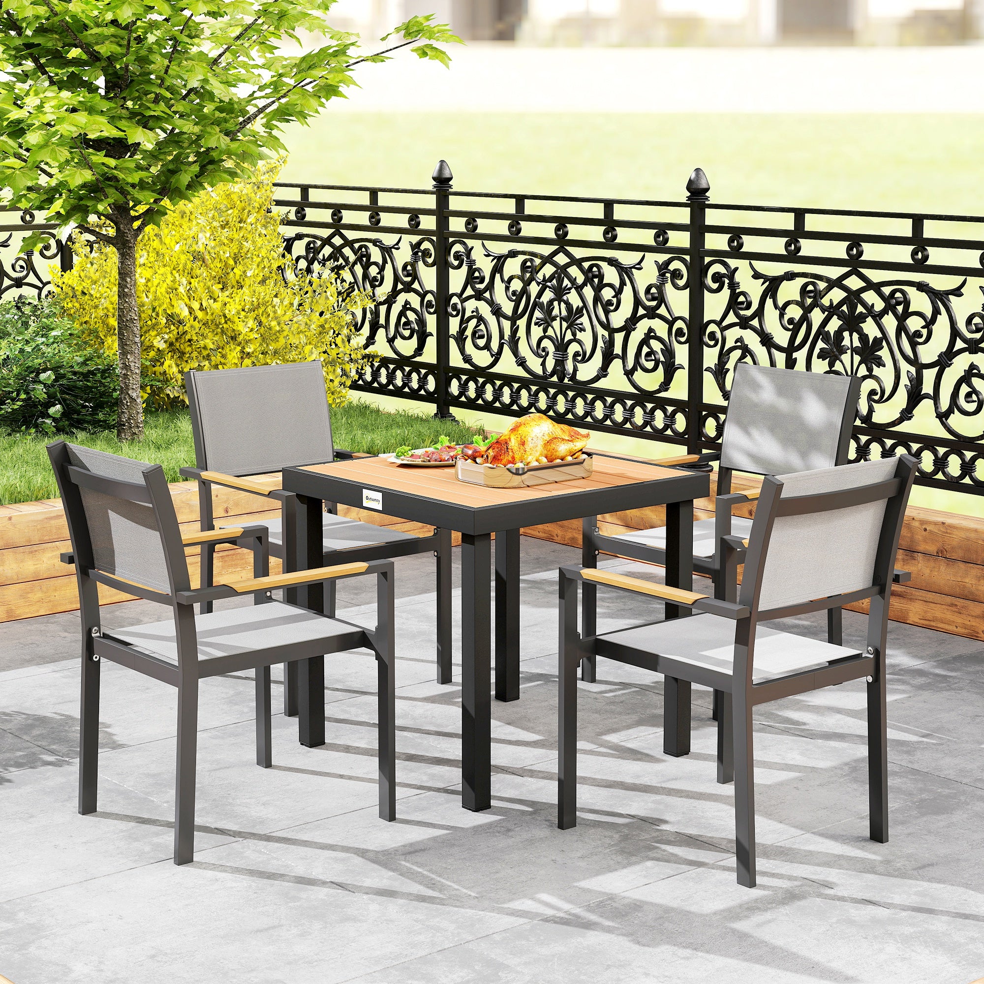 4-Seater Garden Table in Aluminum and Plastic, Black and Wood Color