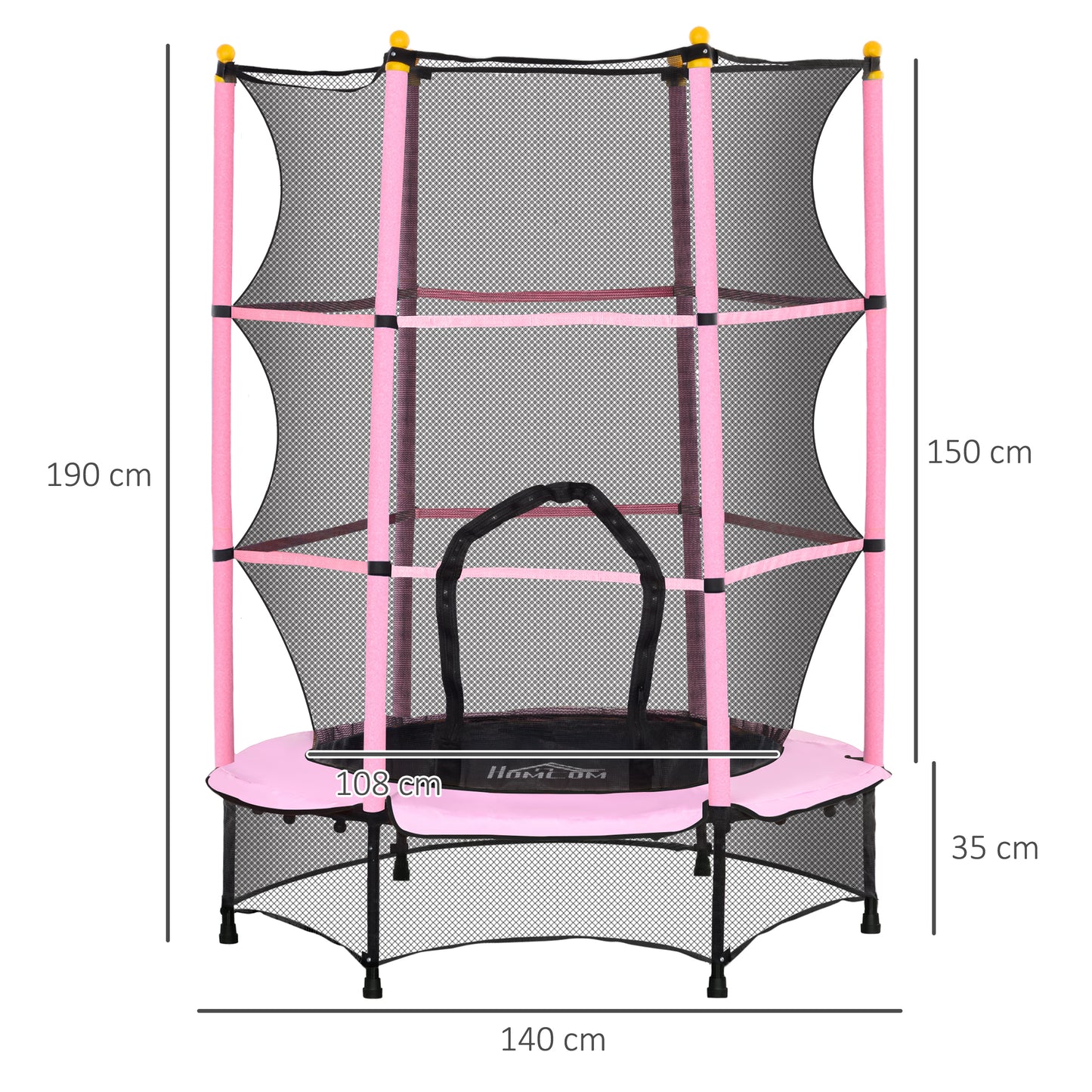 HOMCOM Children's Trampoline with Safety Net and Padded Poles Ages 3-10 Years, Ø140 x 190 cm, Pink