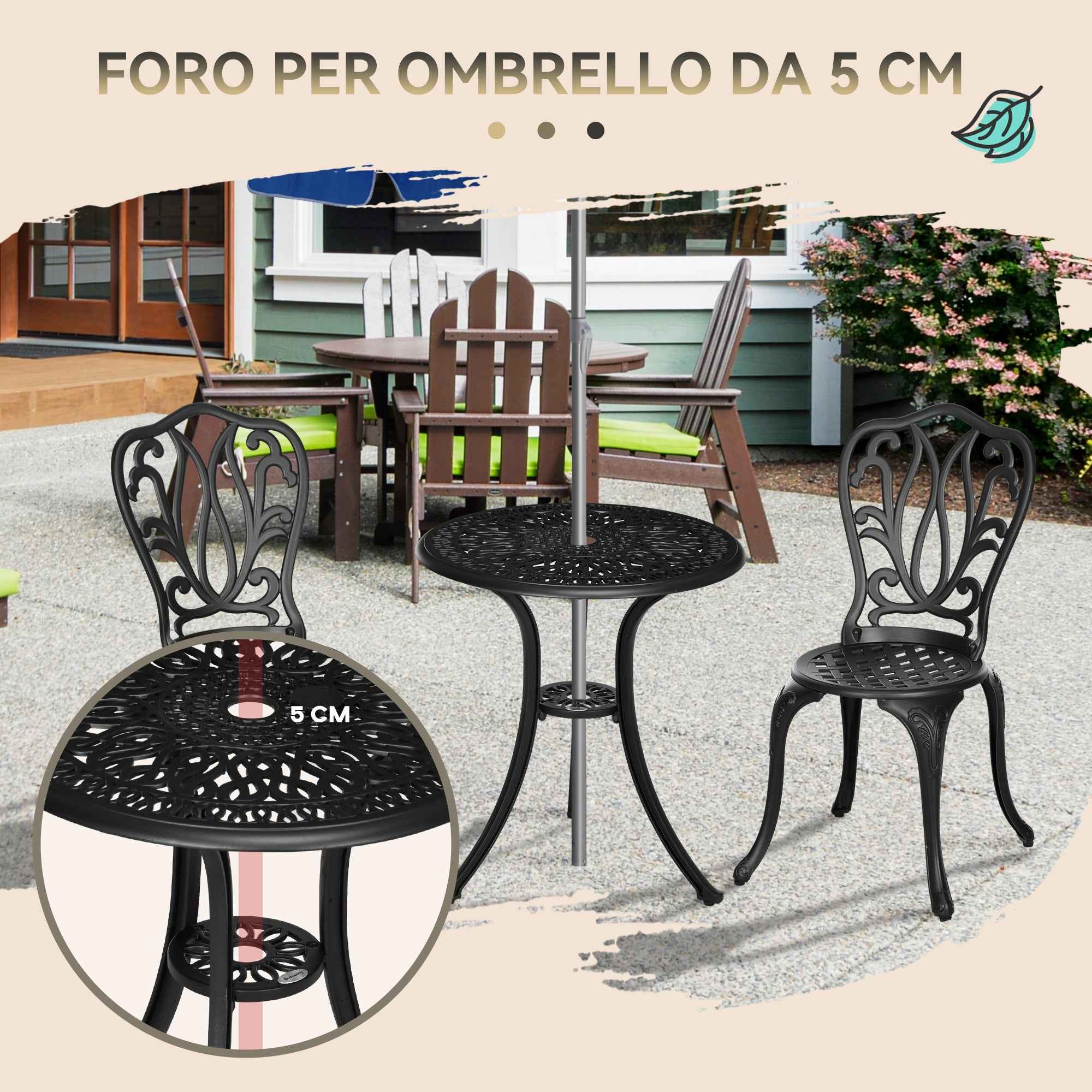 Outsunny 3-Piece Garden Set with 2 Outdoor Chairs and Glass Table with Umbrella Hole, Aluminum, Black