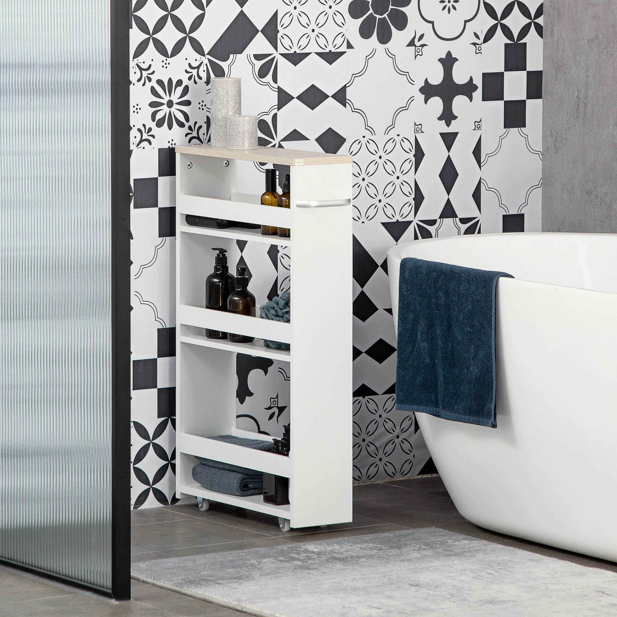 kleankin Space-Saving 3-Tier Bathroom Cart with Wheels and Wooden Handle, 48x15x80cm, White