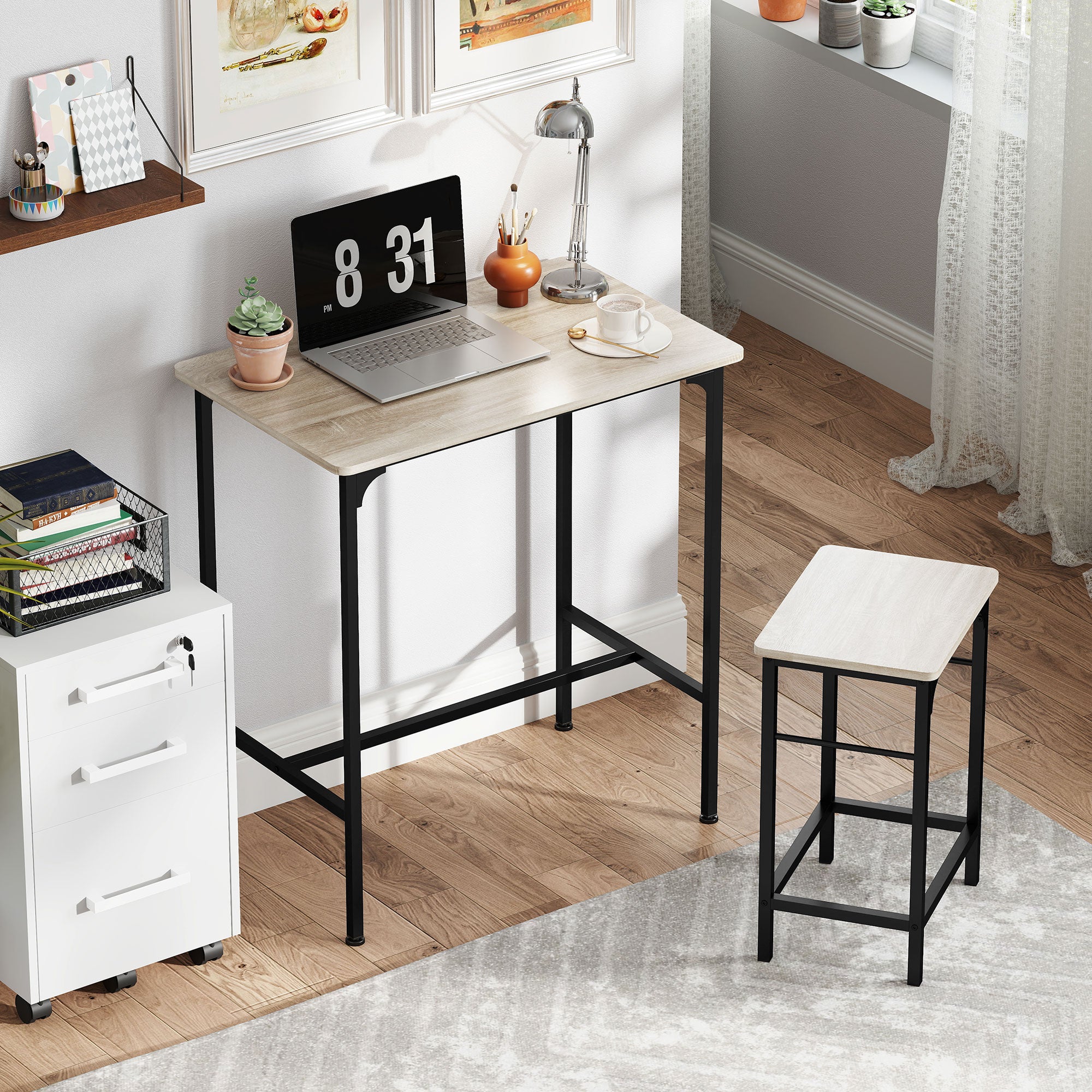 3 Piece Bar Furniture with Kitchen Table and 2 Bar Stools in Wood and Steel, Wood and Black Color