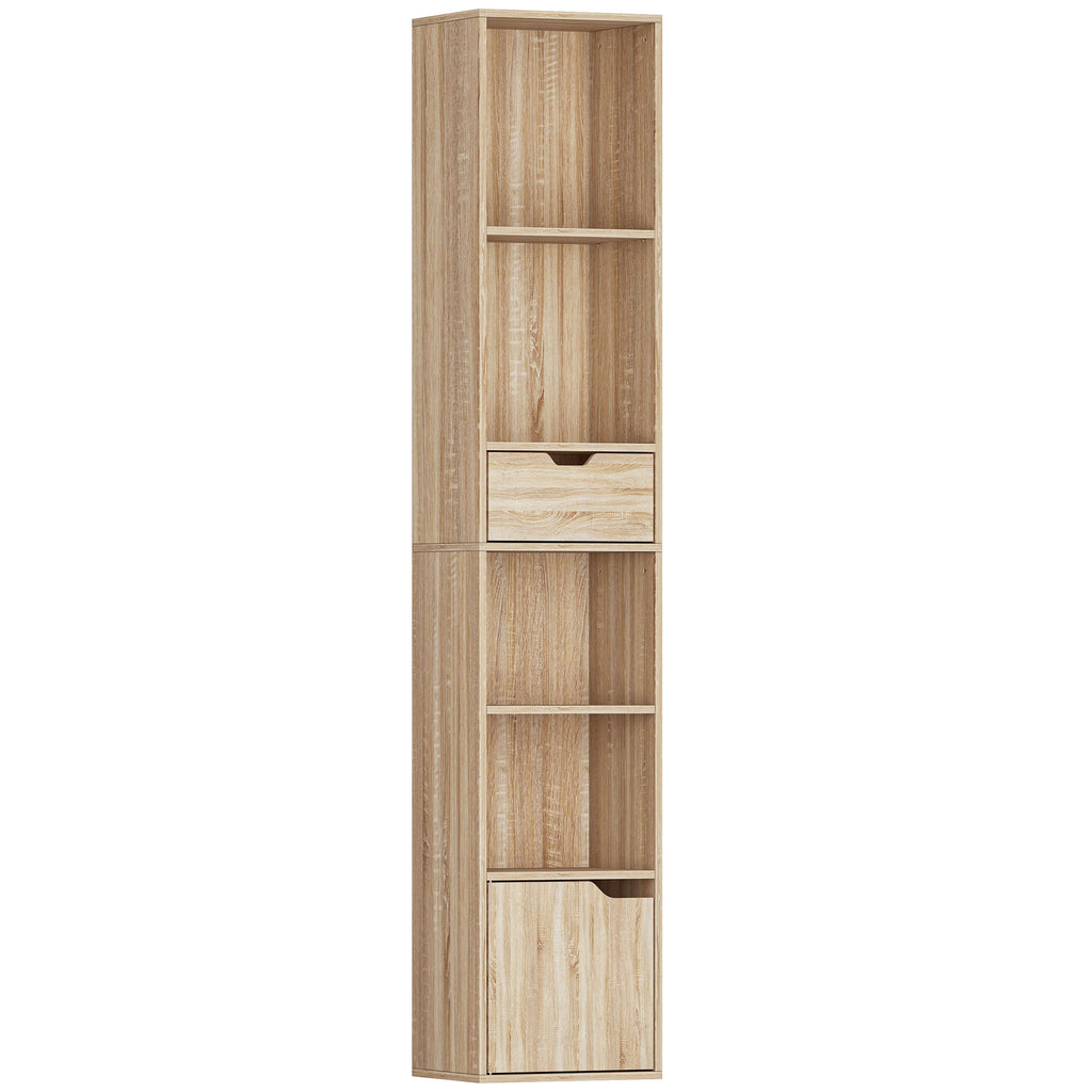HOMCOM 4-Tier Open Bookshelf with Cabinet and Drawer, 30x24x158 cm, Wood Color
