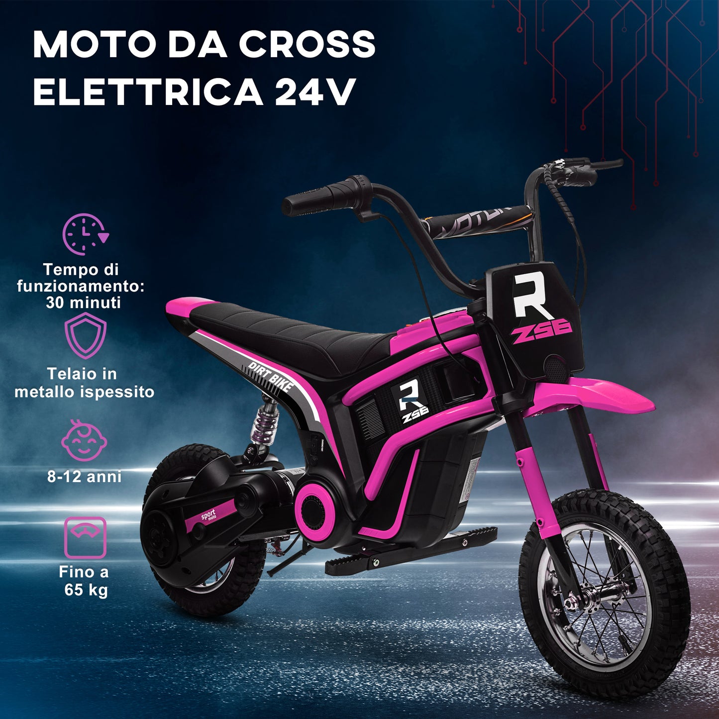 Electric Motorcycle for Children with Manual Throttle, 2 Speeds 8-16km/h, Age 8-12 Years, Pink