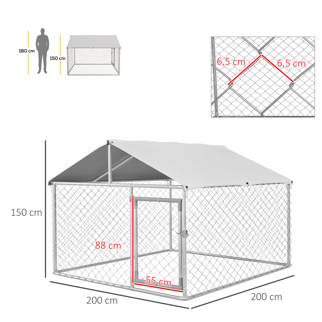 PAWHUT FENCE FOR DOGS MEDIUM SITE WITH Waterproof roof, 200x200x150cm, Silver - Borgè
