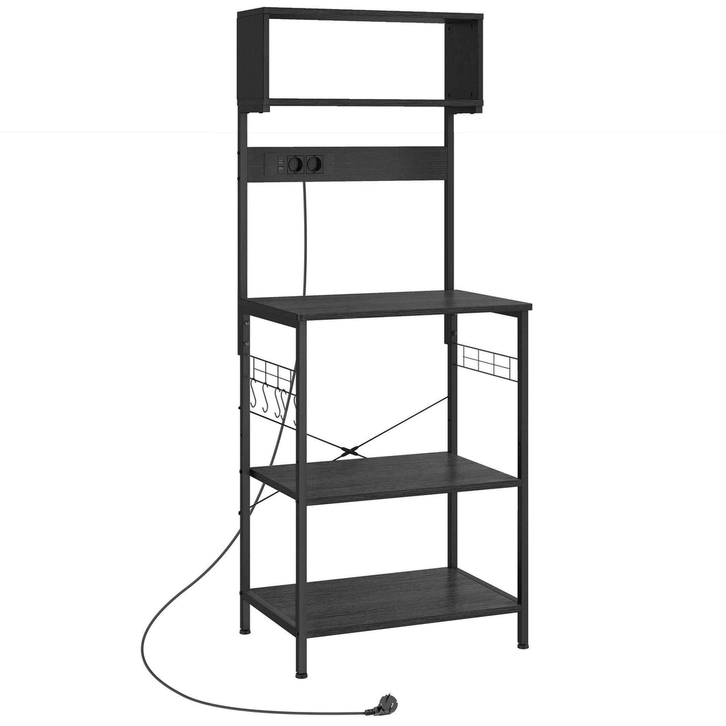 HOMCOM Industrial Kitchen Shelf with Microwave Socket, Shelves and Hooks, Wood and Steel, Black