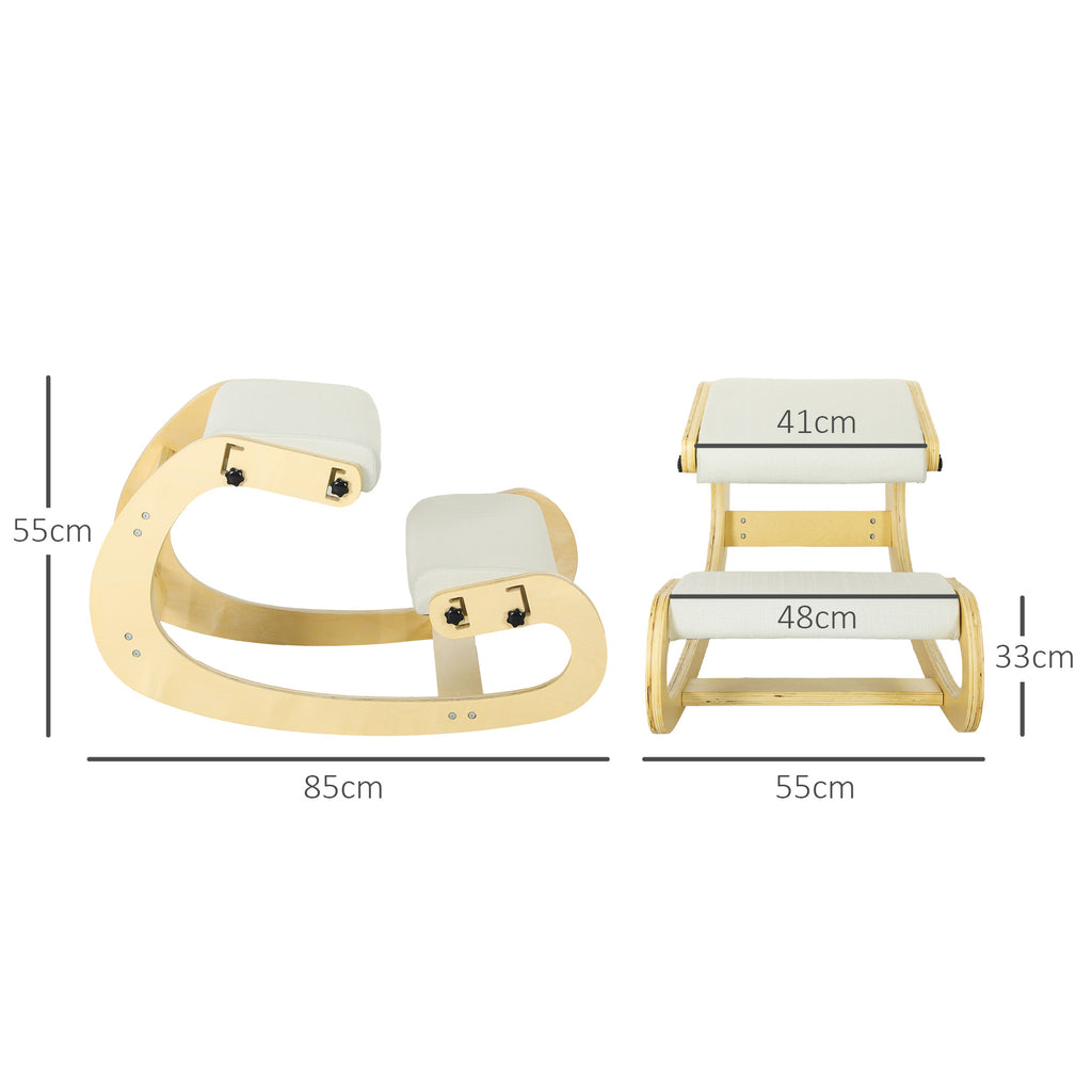 6-Position Adjustable Kneeling Chair in Linen-Effect Fabric and Birch Wood, 55x85x55 cm, Cream