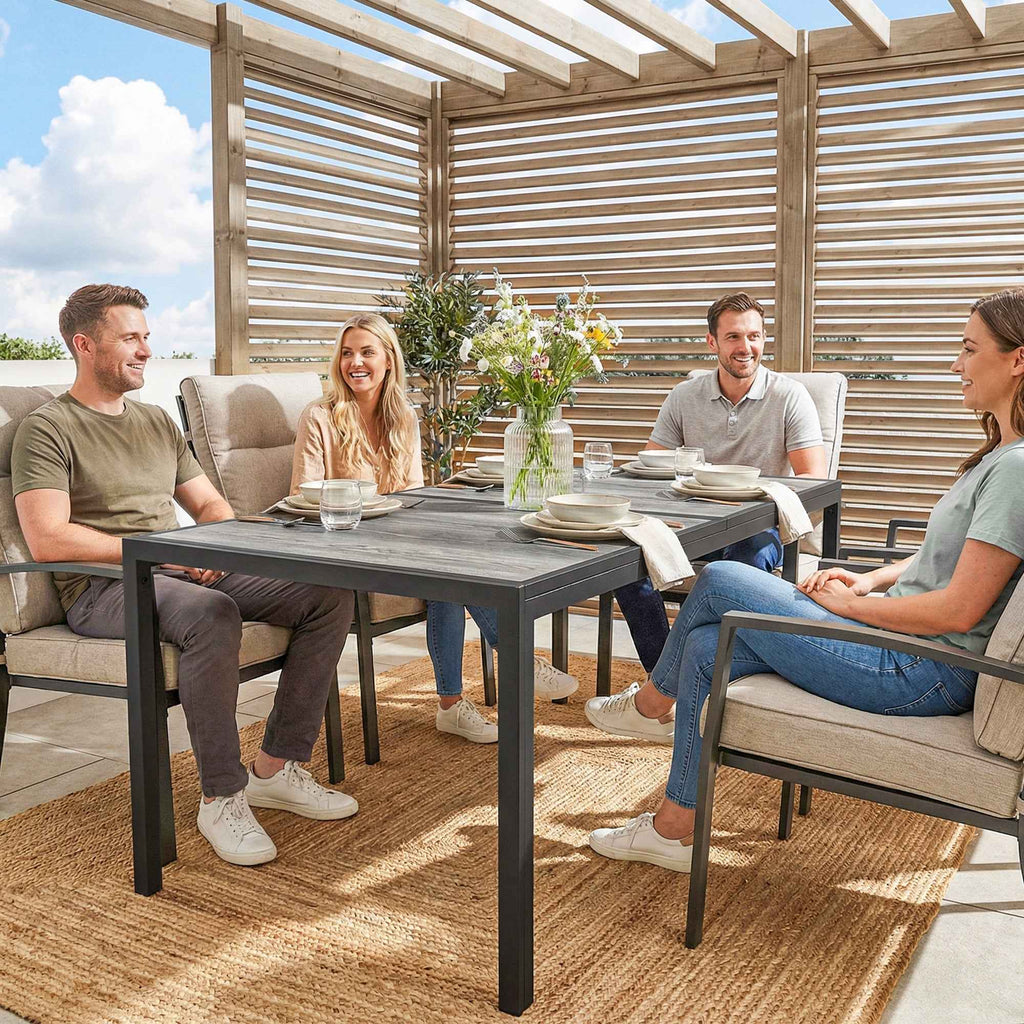 Outsunny Garden Table for 4-6 People with Wood-Effect Top, in Steel and PSPC Plastic, 150x80x74 cm, Grey and Black