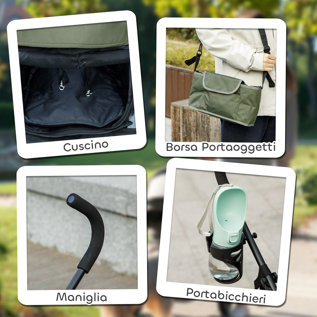 Dog Stroller with 2 Mesh Windows, in Steel and Oxford Fabric, 76x44x103 cm, Black and Dark Green