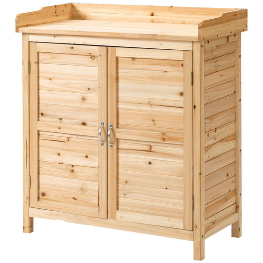 Outsunny outdoor cabinet with 2 fir wood shelves with raised design and 2 doors, 83x40x92 cm - Borgè