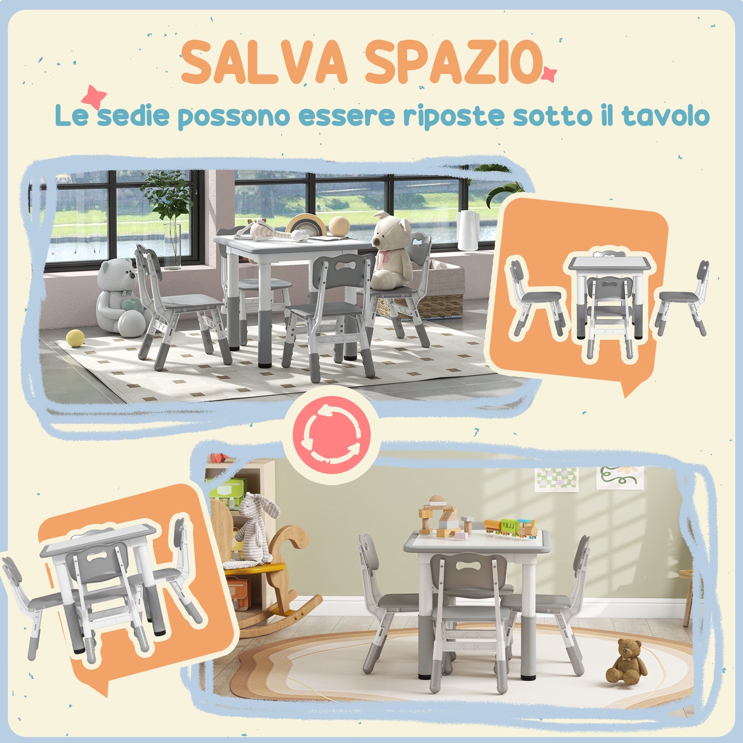 Children's Table and Chair Set 5pcs with 4 Adjustable Chairs 32x36x52. 5-56 cm and Table 60x60x46-58 cm, Grey