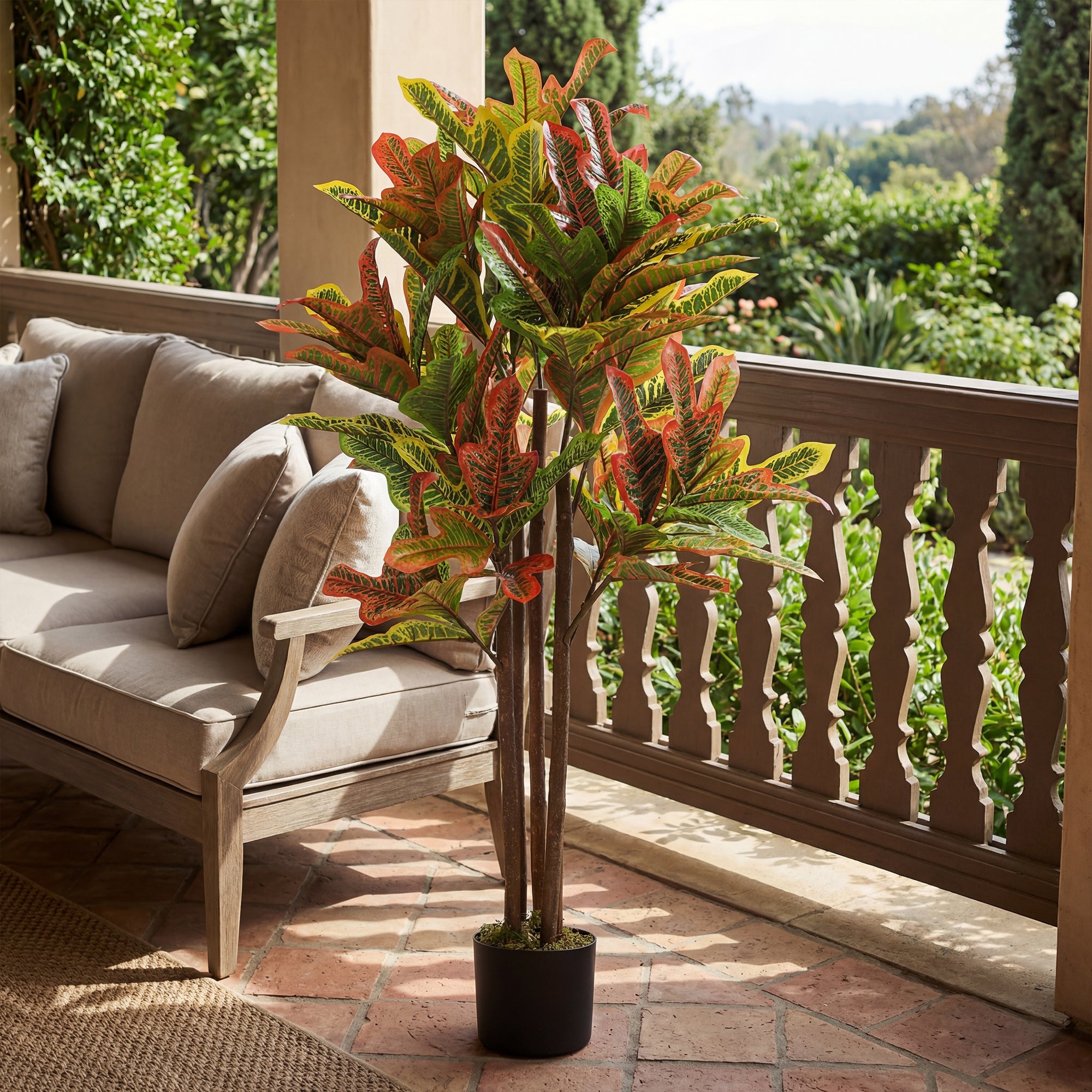 HOMCOM Artificial Croton Plant in Multi-Color, PEVA and Wood, with a PP and Cement Pot, 55x55x120 cm