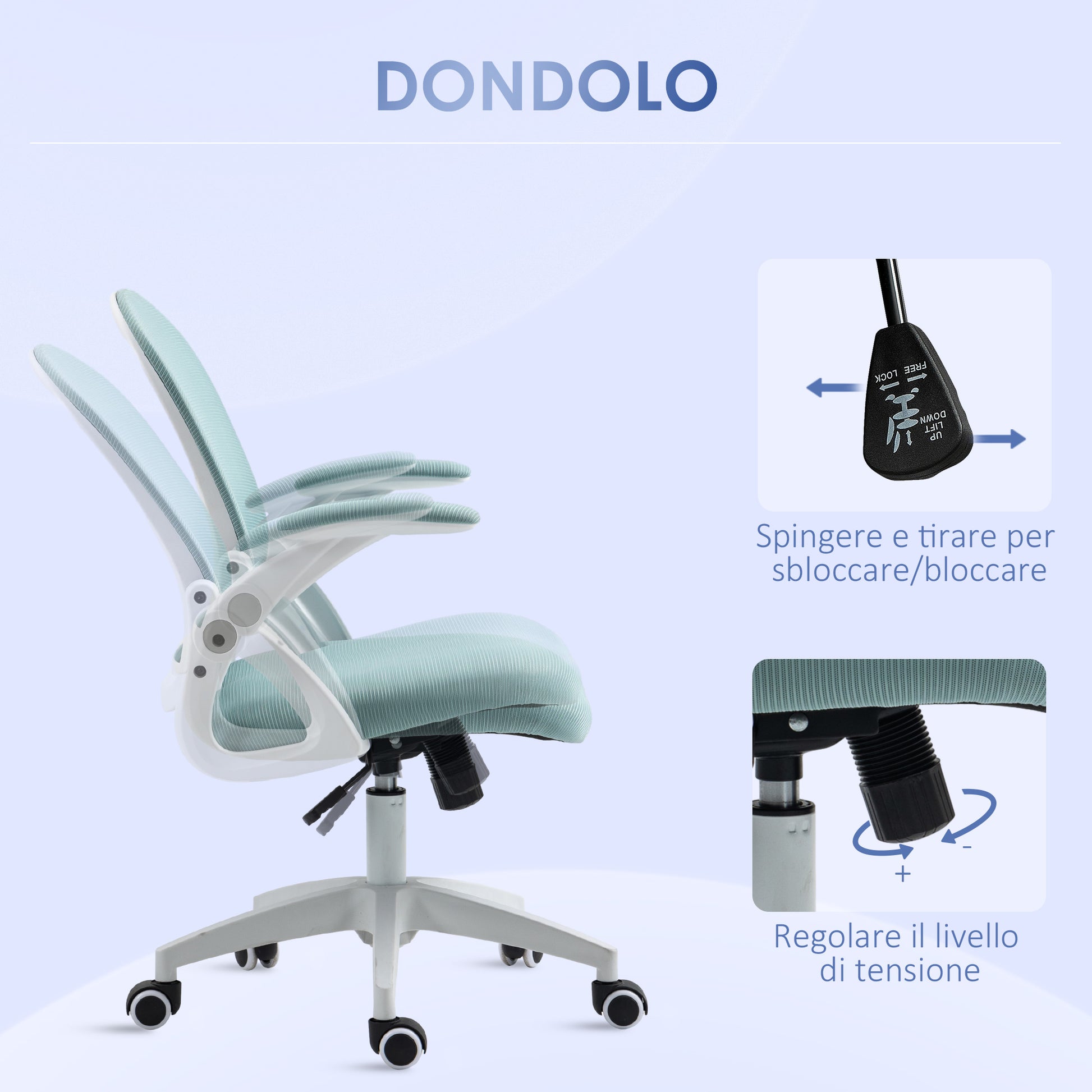 Ergonomic Office Chair with Mesh Backrest and Adjustable Height, 65.5x61.5x88-97.5cm, Light Blue - Borgè