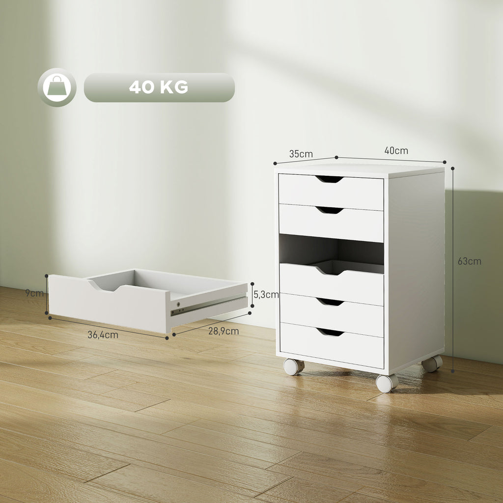 HOMCOM 6-Drawer Office Chest with 4 Wheels and Lock, 40x35x63 cm, White