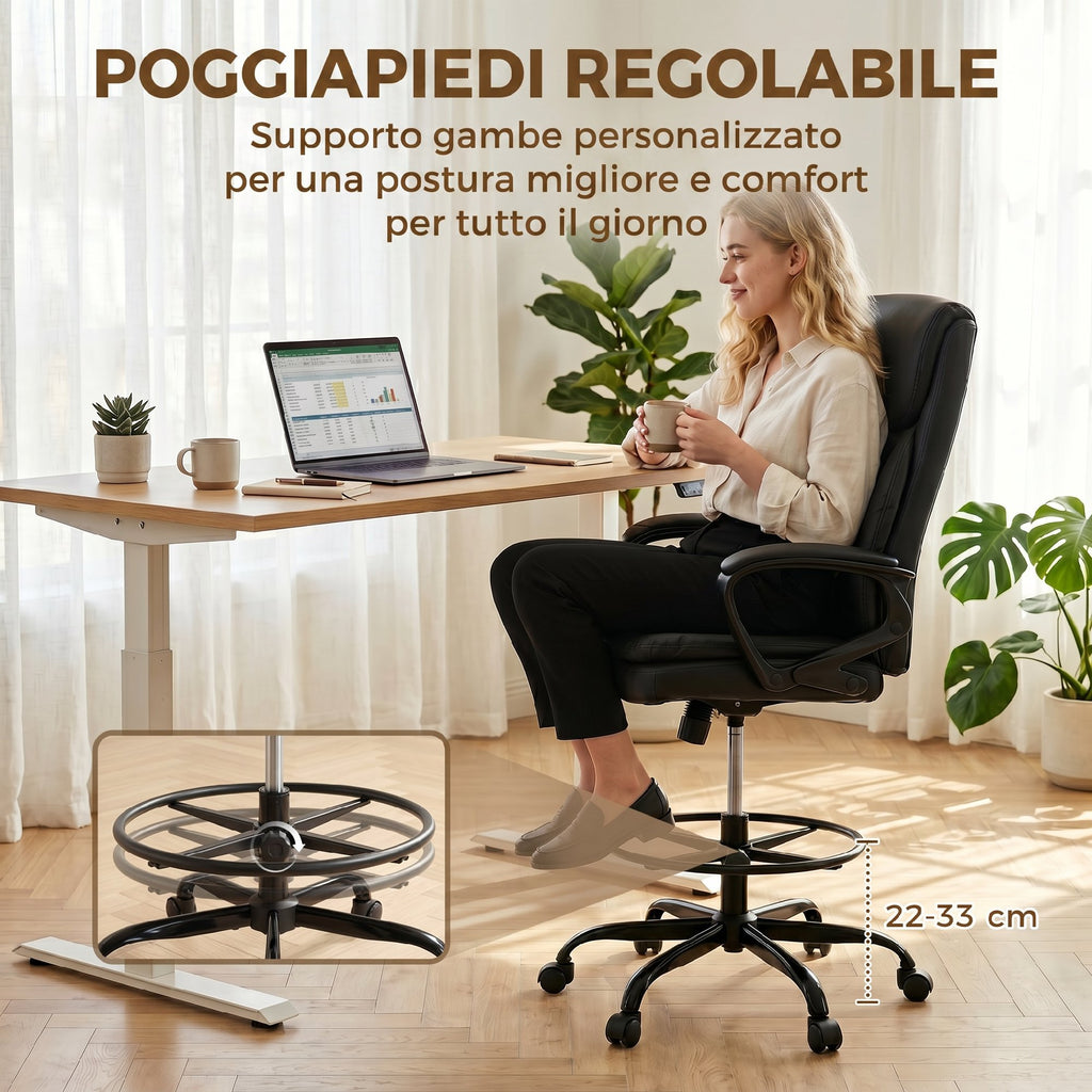 HOMCOM Swivel Office Chair in Faux Leather, Height-Adjustable, High Back, Armrests, for Study, Black