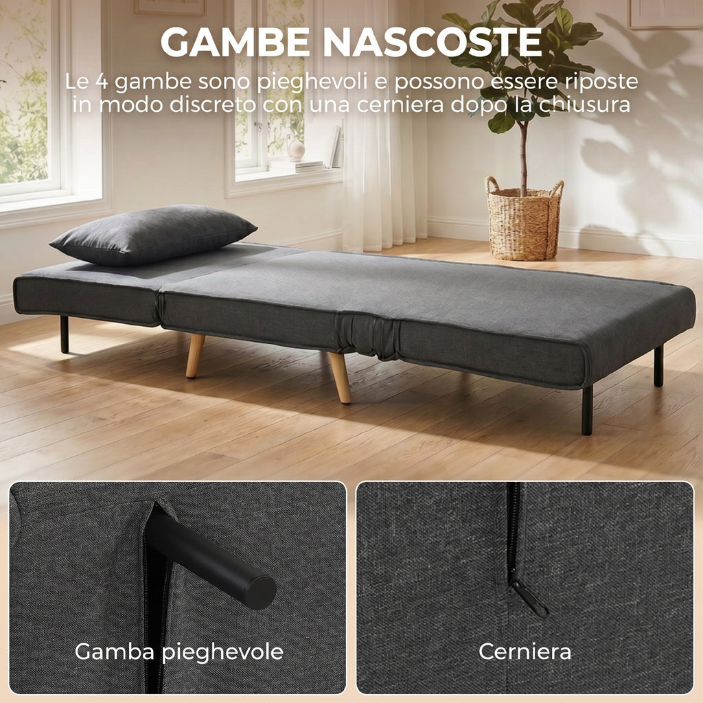 HOMCOM 3-in-1 Single Sofa Bed with 3-Level Adjustable Backrest and Cushion, in Linen-Effect Fabric, Grey