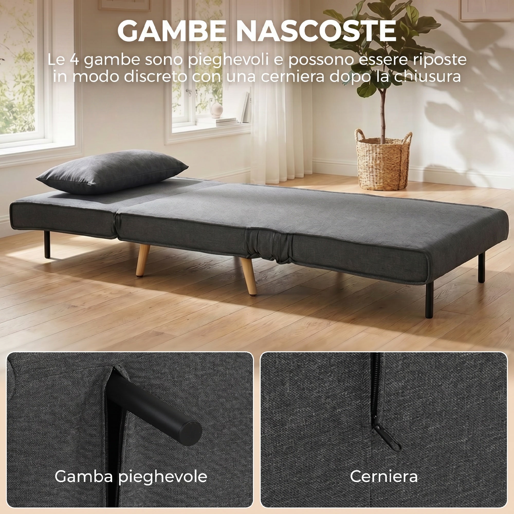 HOMCOM 3-in-1 Single Sofa Bed with 3-Level Adjustable Backrest and Cushion, in Linen-Effect Fabric, Grey