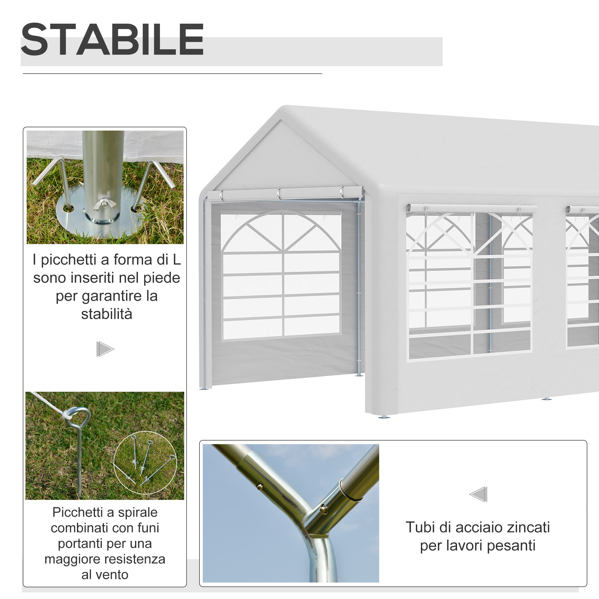 Garden Gazebo 6x3m with Side Windows, 3 Rooms and Hinged Doors, White