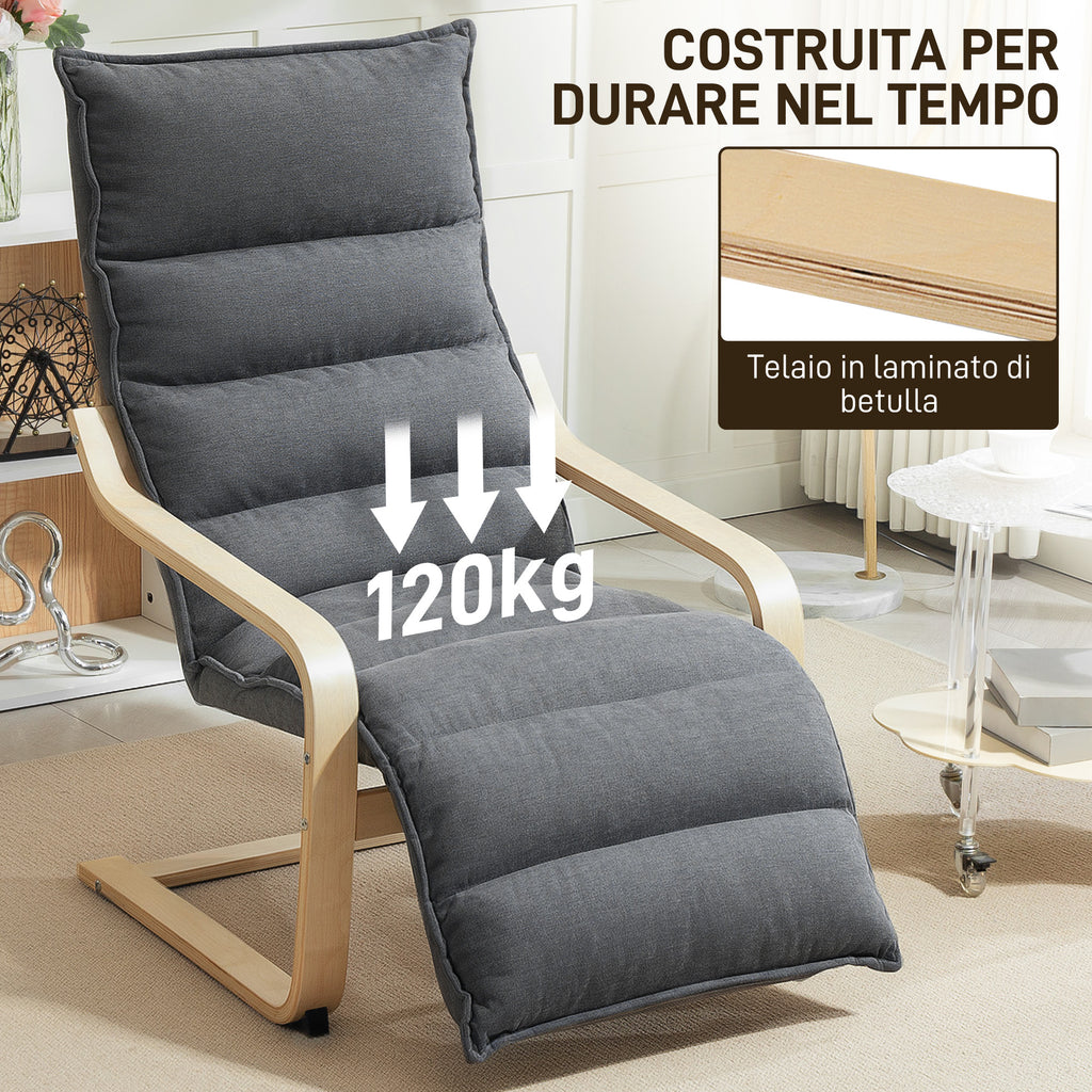 Wooden Relax Chair with Velvet Upholstery and Adjustable Footrest, Dark Grey