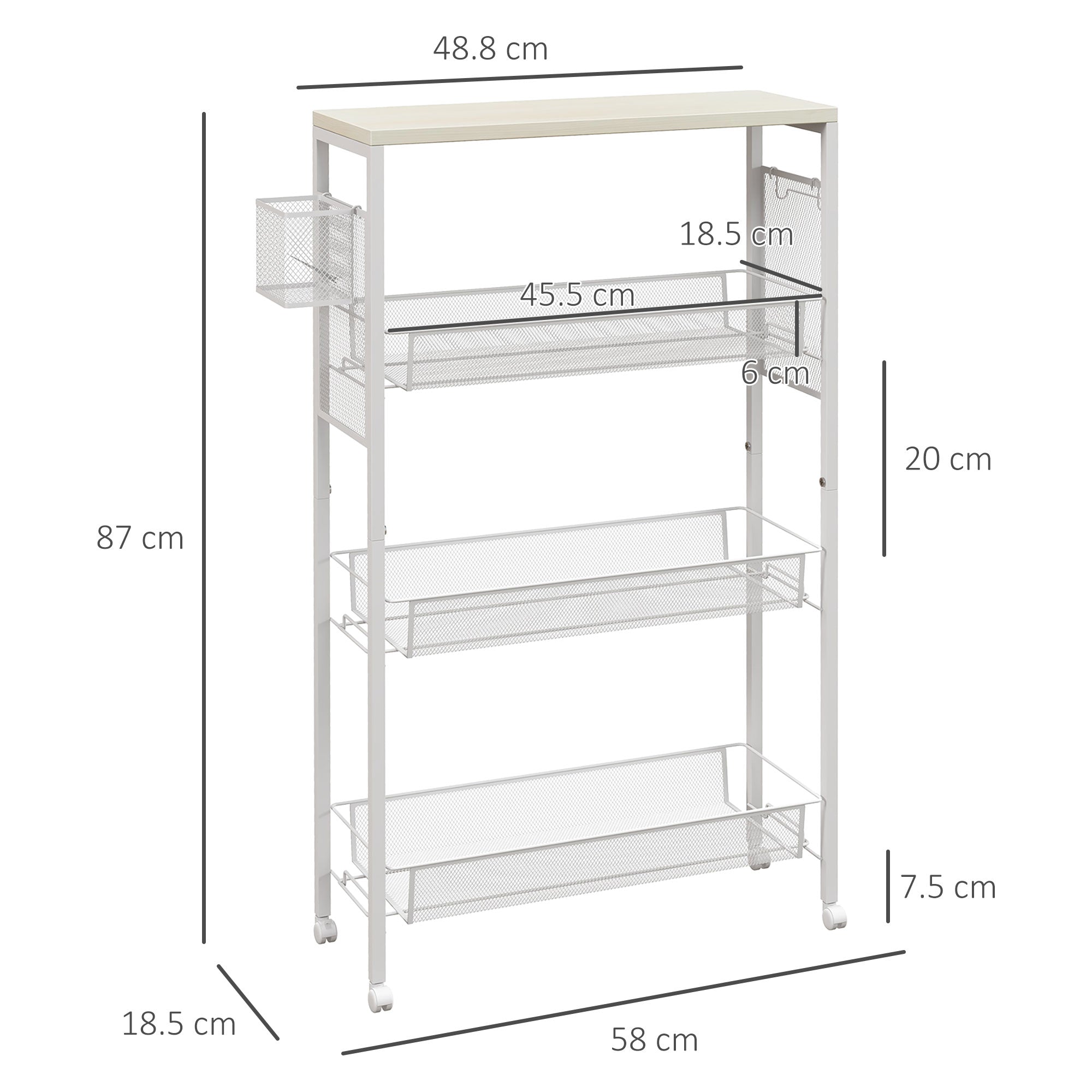 Homcom 3 -level kitchen trolley with lateral basket and hook, in chipboard and steel, 58x18.5x87 cm - Borgè