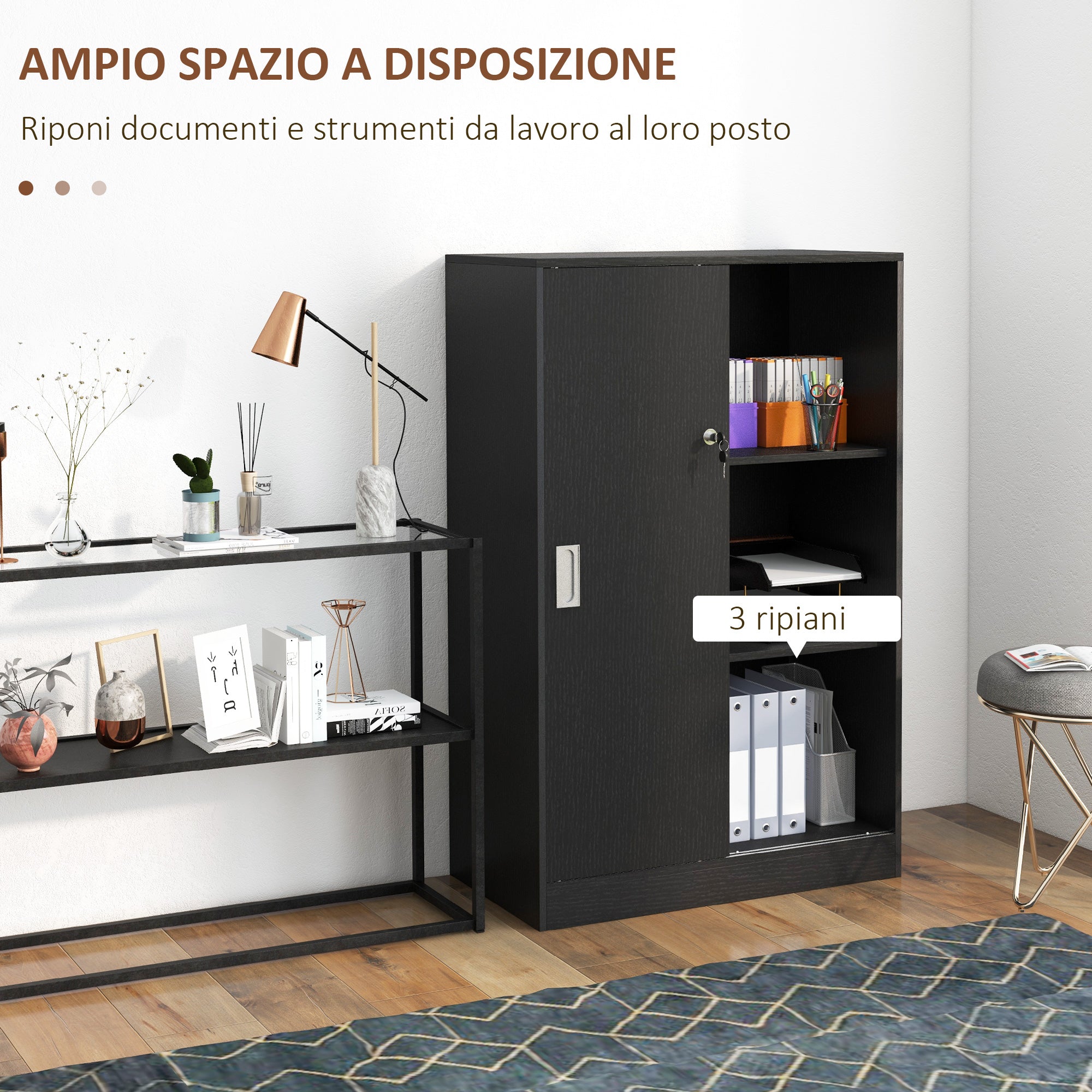 3-Shelf Office Cabinet with 2 Security Keys and Sliding Doors, 80x40x120 cm, Black
