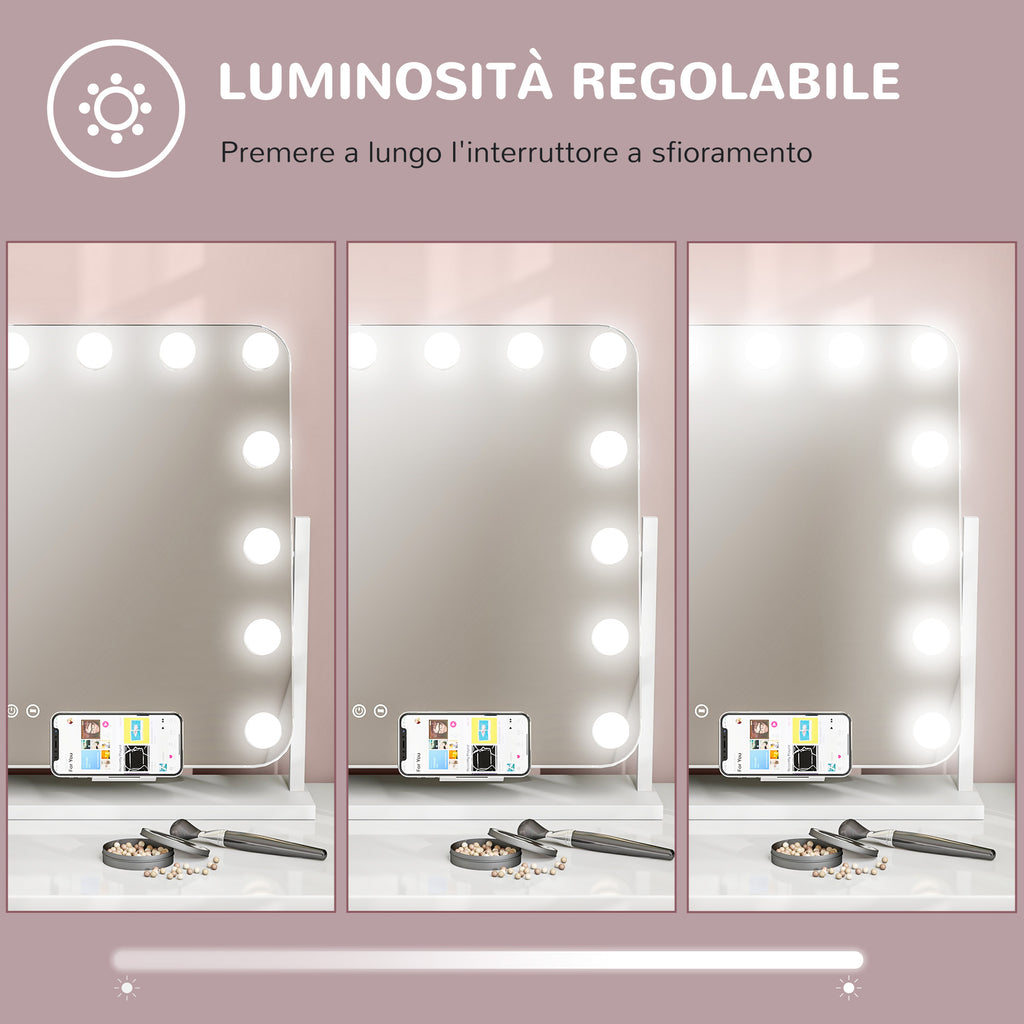 Makeup Mirror with 14 Adjustable LED Lights and USB Charging, Glass and Metal, 62.5x14x49.5 cm, White