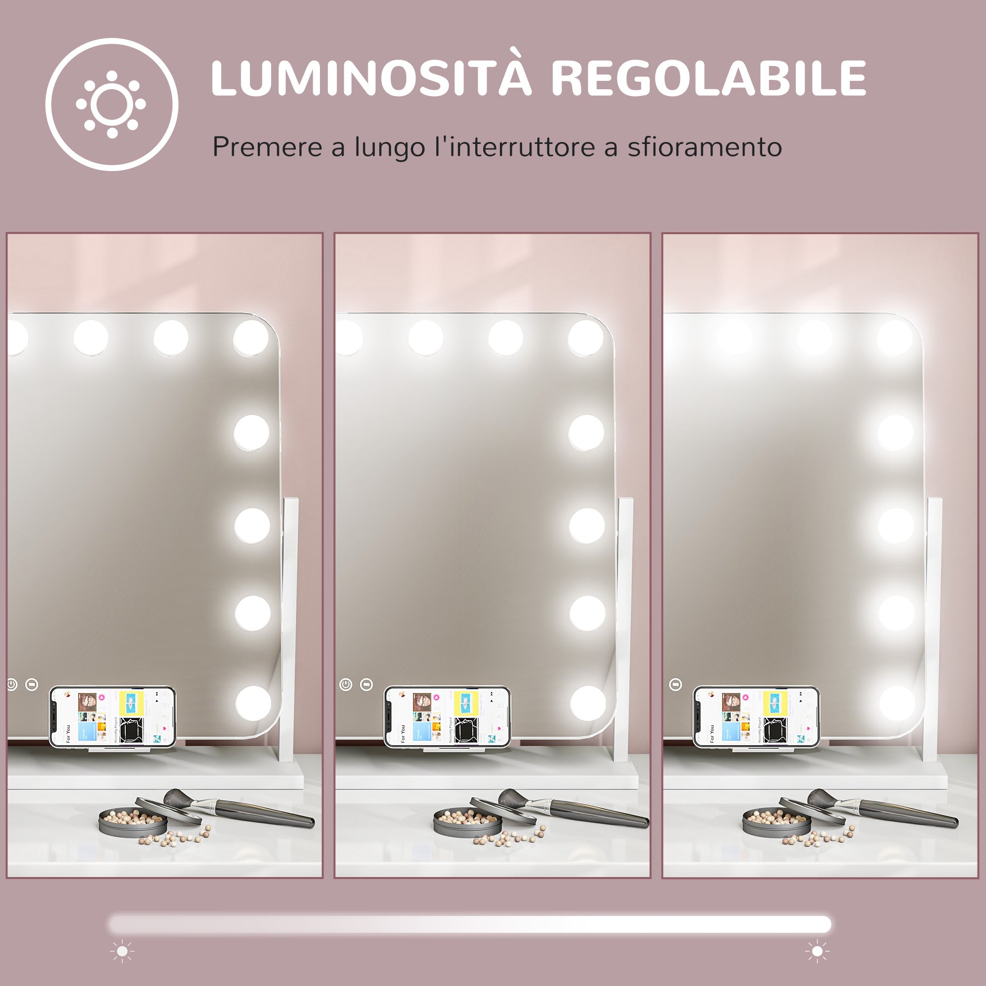 Makeup Mirror with 14 Adjustable LED Lights and USB Charging, Glass and Metal, 62.5x14x49.5 cm, White