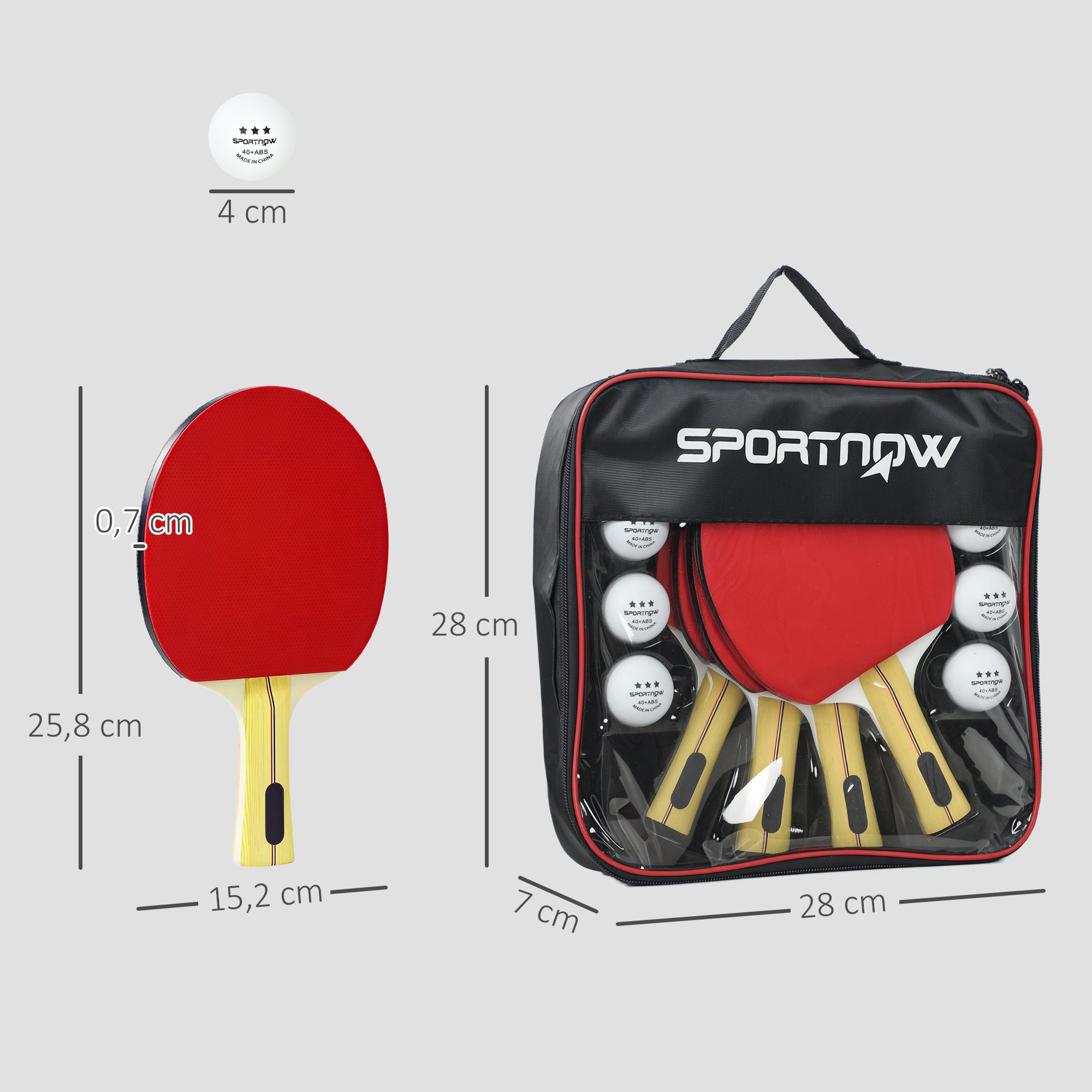 SPORTNOW Set of 4 Ping Pong Bats and 8 Balls with Carrying Case, Red and Black