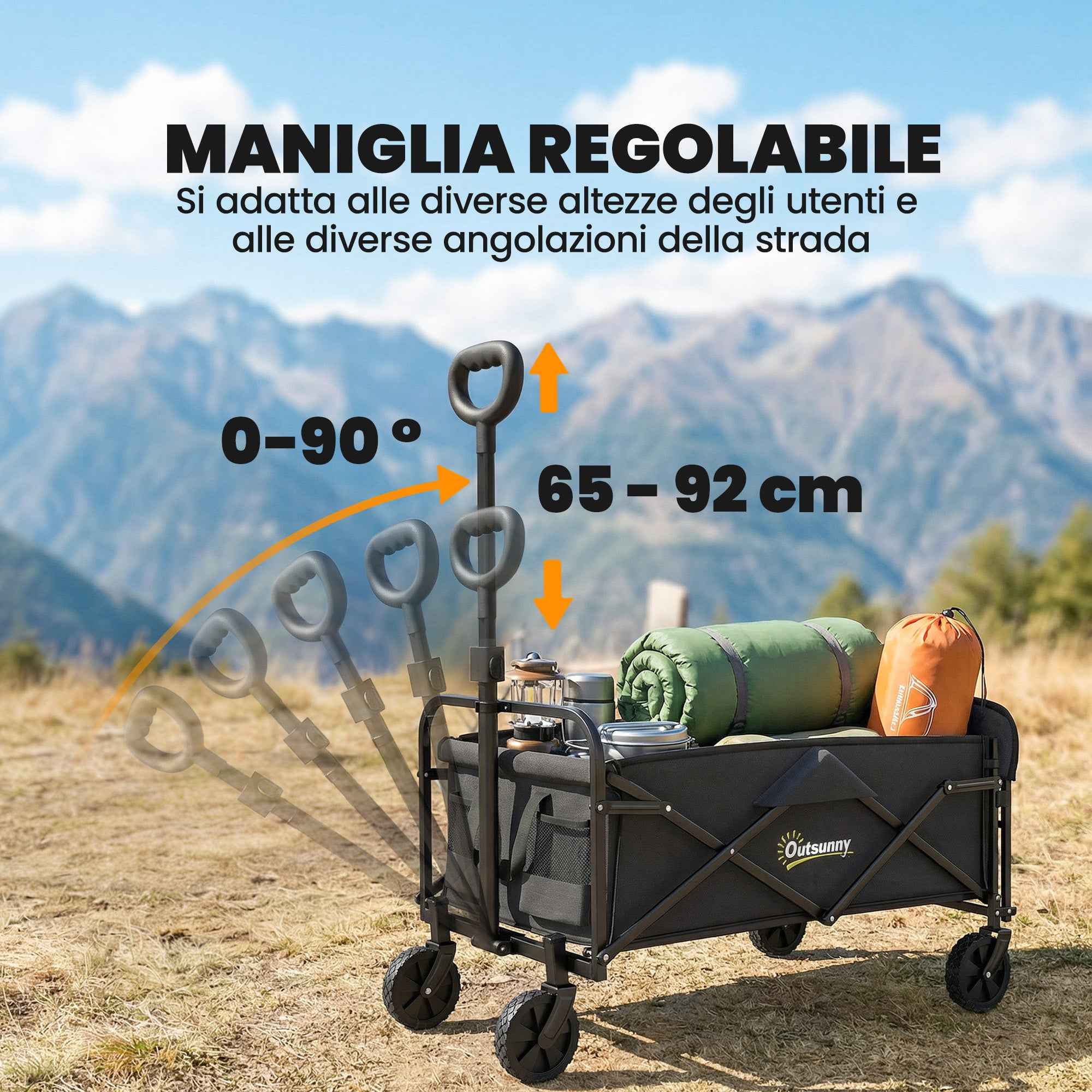 Outsunny 72L Folding Garden Cart with Adjustable Handle, Steel and Oxford Fabric, 114x46x92 cm, Black