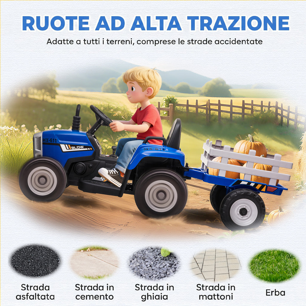 HOMCOM Electric Tractor for Kids with Removable Trailer, Remote Control, USB Port, Music and Lights, Ages 3-6 Years, Blue