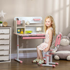 Children's Desk and Chair Set for Ages 3 and Up, Adjustable 60° Tiltable Table with Drawer and Shelves, Pink