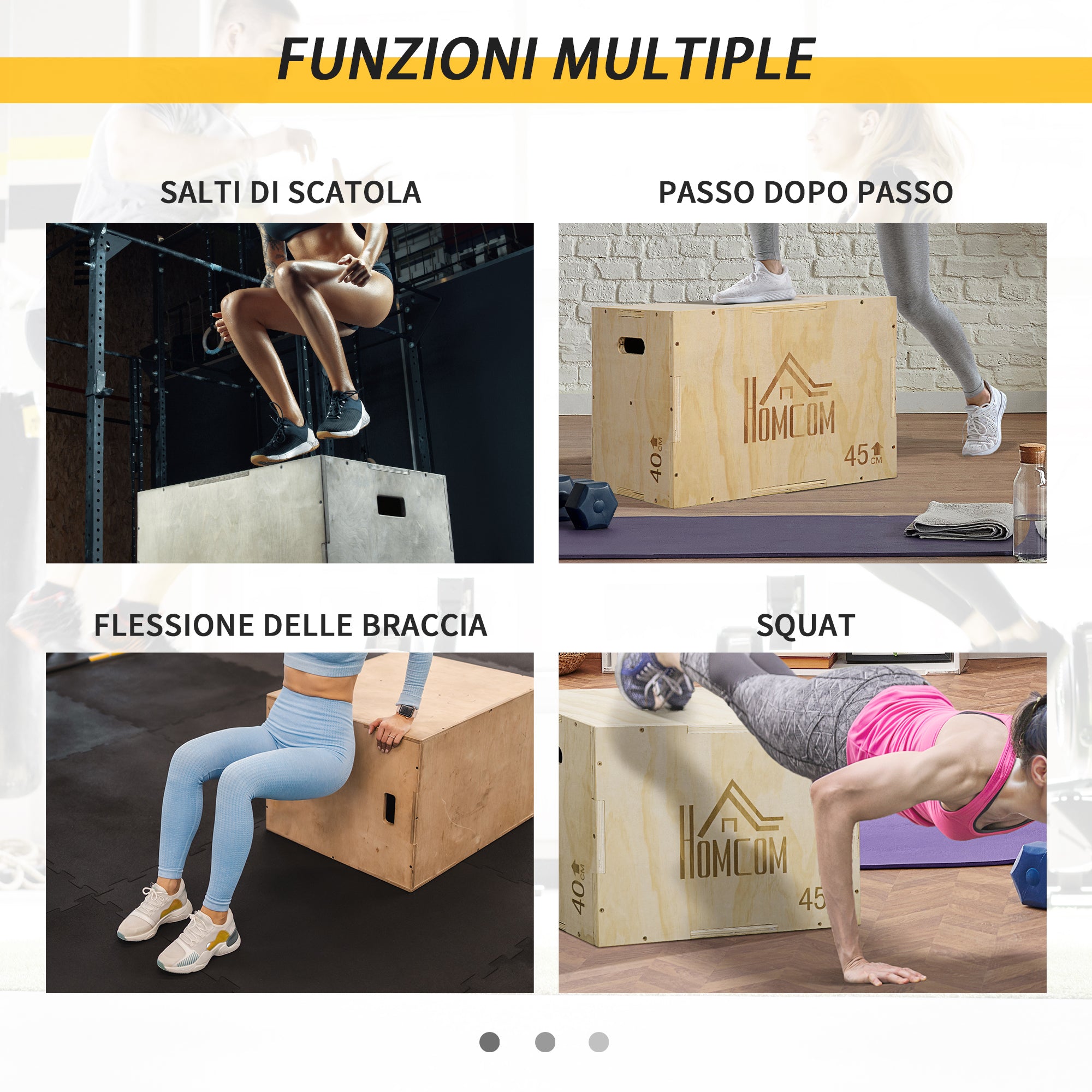 3-Height Adjustable Jump Box for Home and Gym, Beech Wood, 45x40x60 cm