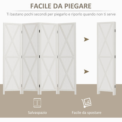 4-Panel Room Divider for Interior, Wooden Room Divider for Bedroom and Office, 182x170 cm, White