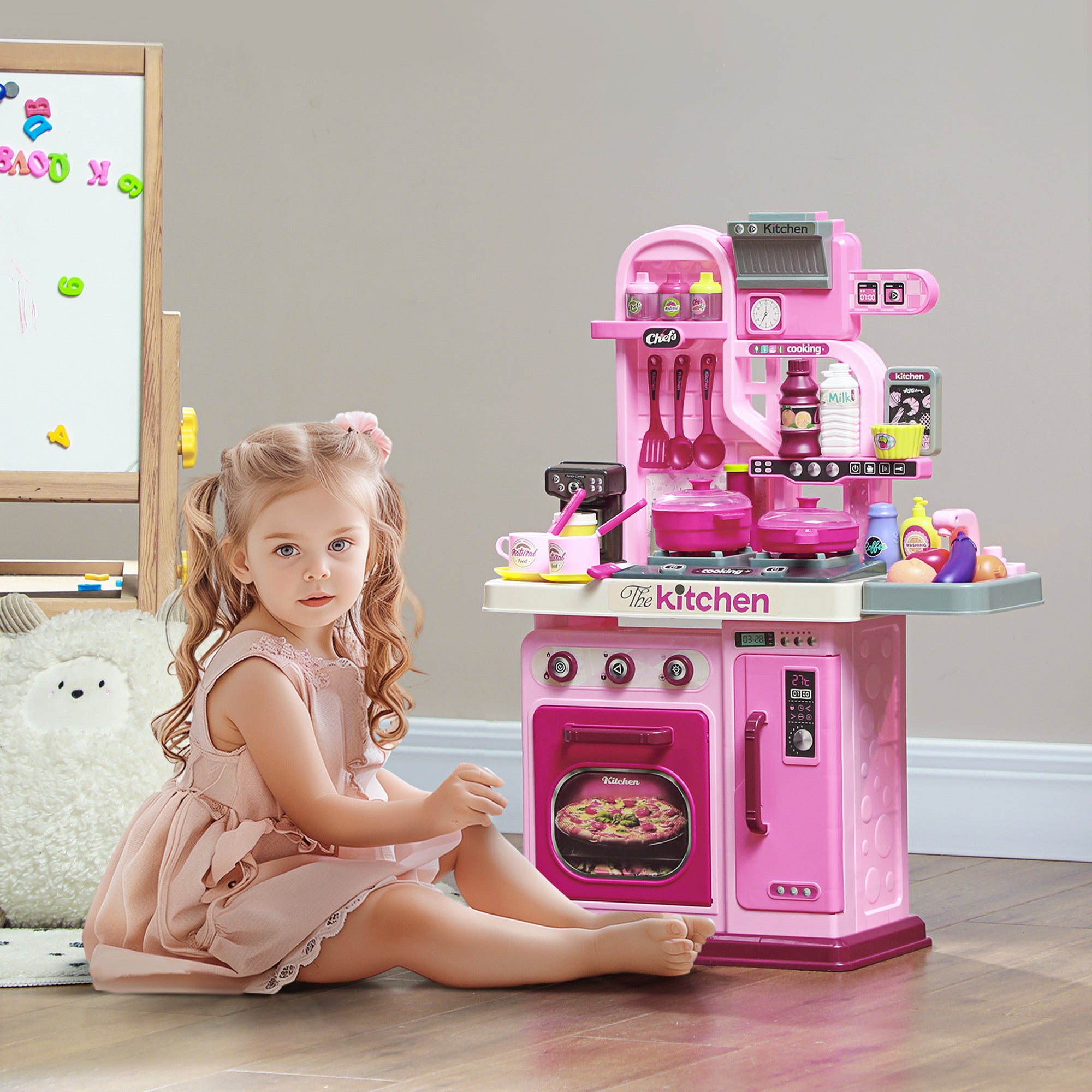 33-Piece Children's Toy Kitchen with Lights, Sounds and Faucet, Made of PP and ABS, 53x22x69 cm, Pink