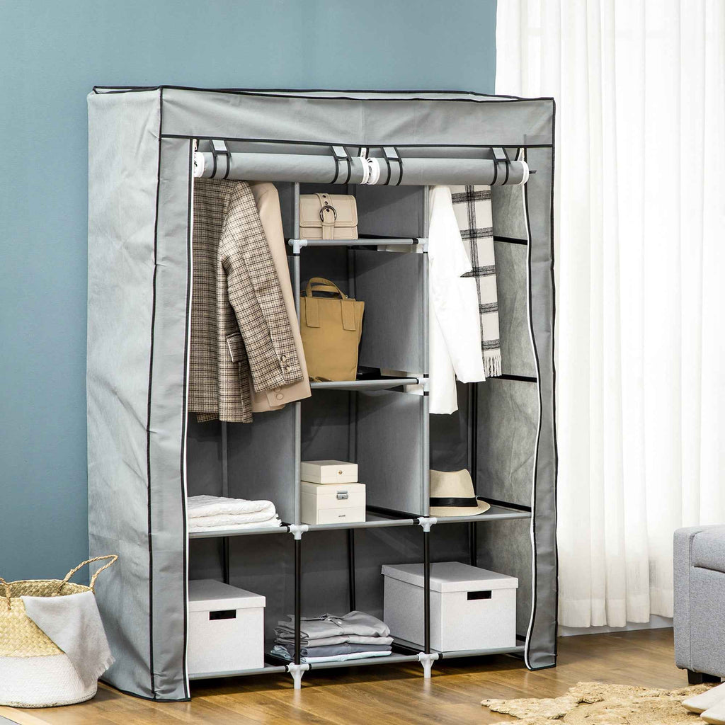 HOMCOM Space-Saving Wardrobe with Raised Base, 8 Shelves and 2 Bars, in Non-Woven Fabric and Steel, Light Grey