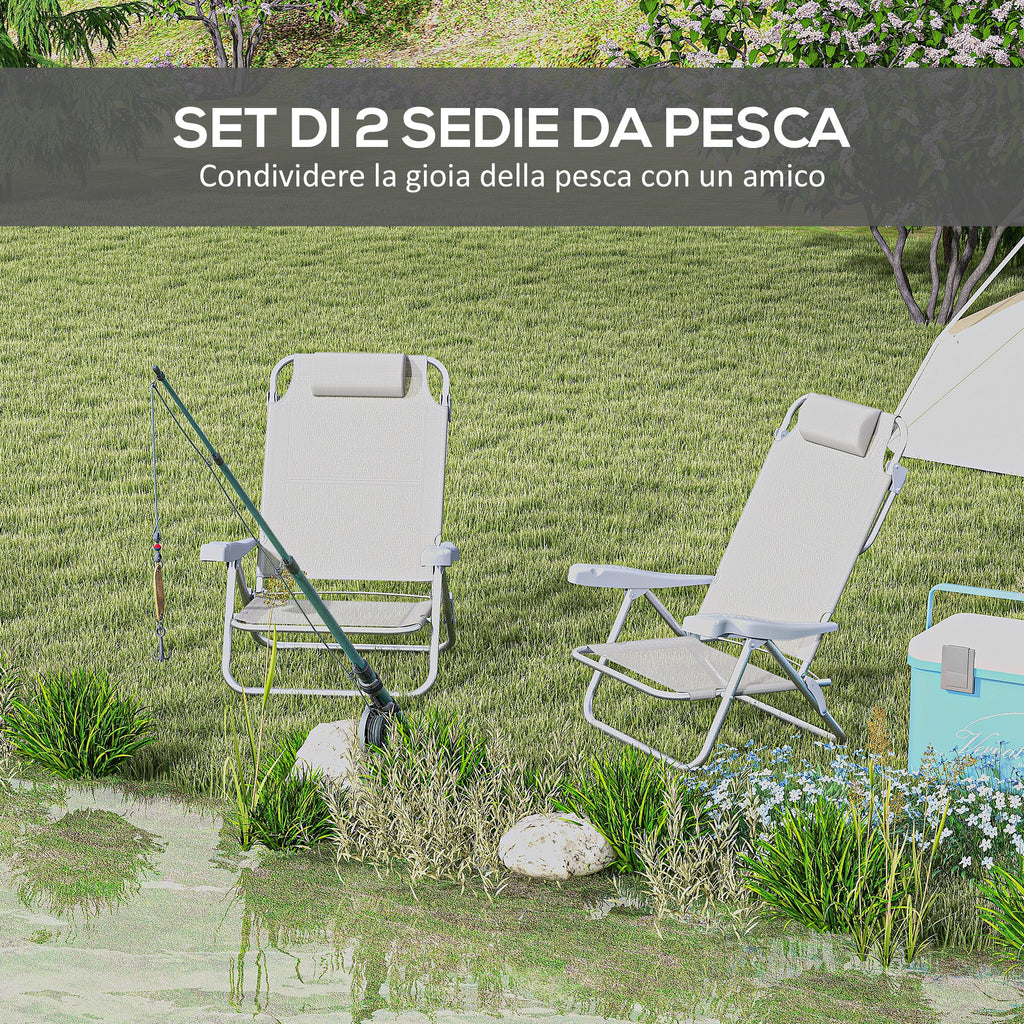Set of 2 Folding and Reclining Camping Chairs on 6 Levels, in Aluminum and Foam, 62x65x80 cm, Light Gray