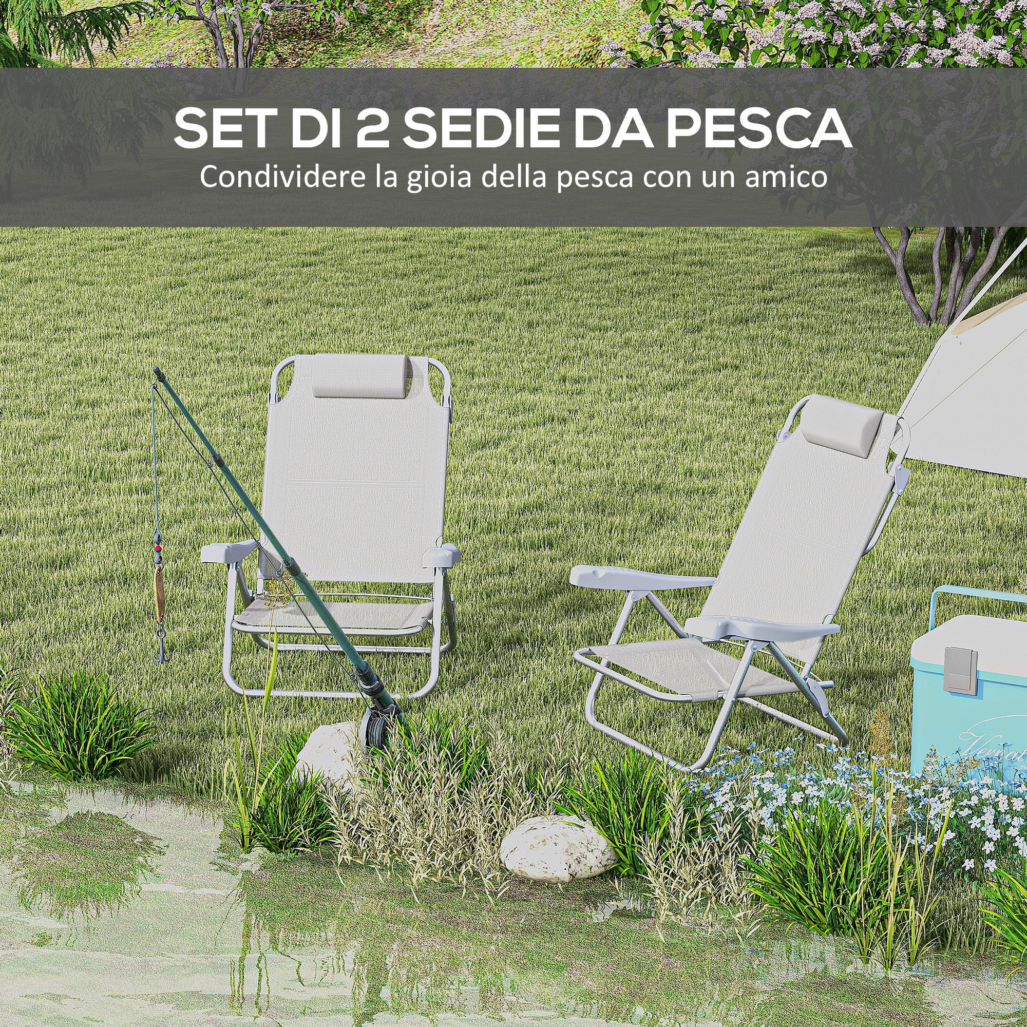 Set of 2 Folding and Reclining Camping Chairs on 6 Levels, in Aluminum and Foam, 62x65x80 cm, Light Gray