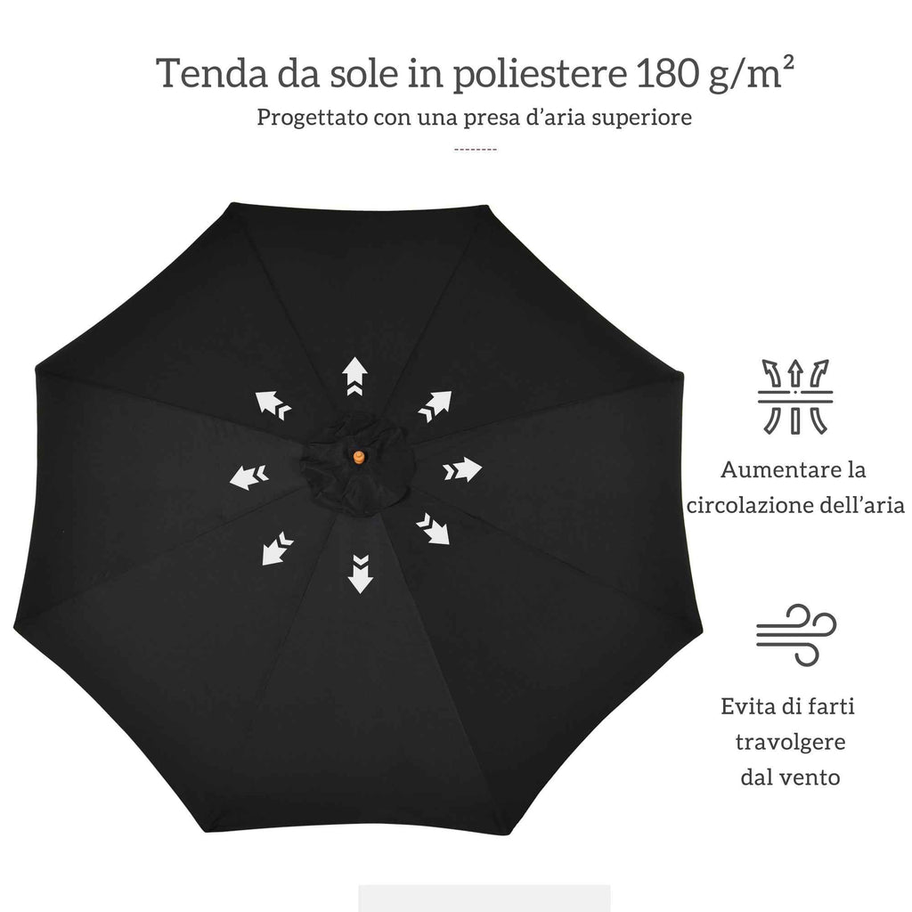 Outsunny 3m Garden Umbrella with Wooden Pole, 8 Ribs and Polyester Sunshade, Black