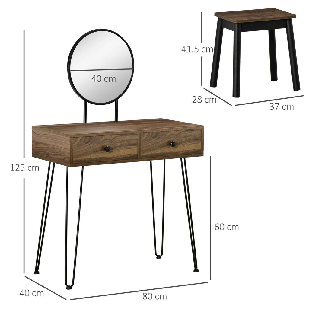 HOMCOM Wooden and Metal Makeup Table with Stool and Mirror, Walnut Color