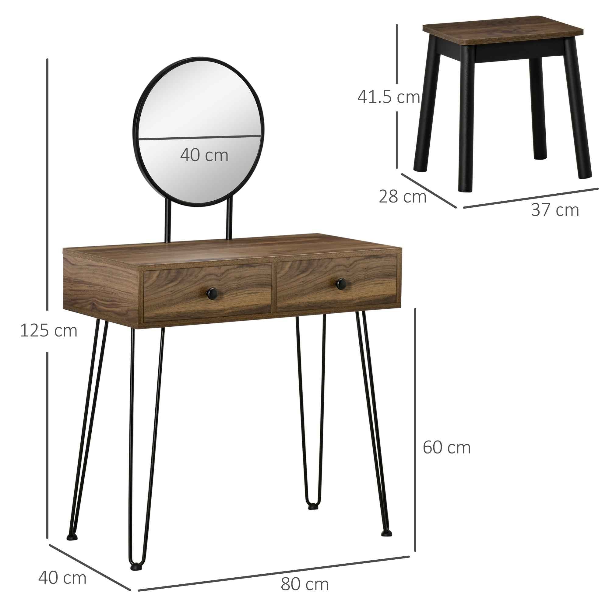 HOMCOM Wooden and Metal Makeup Table with Stool and Mirror, Walnut Color