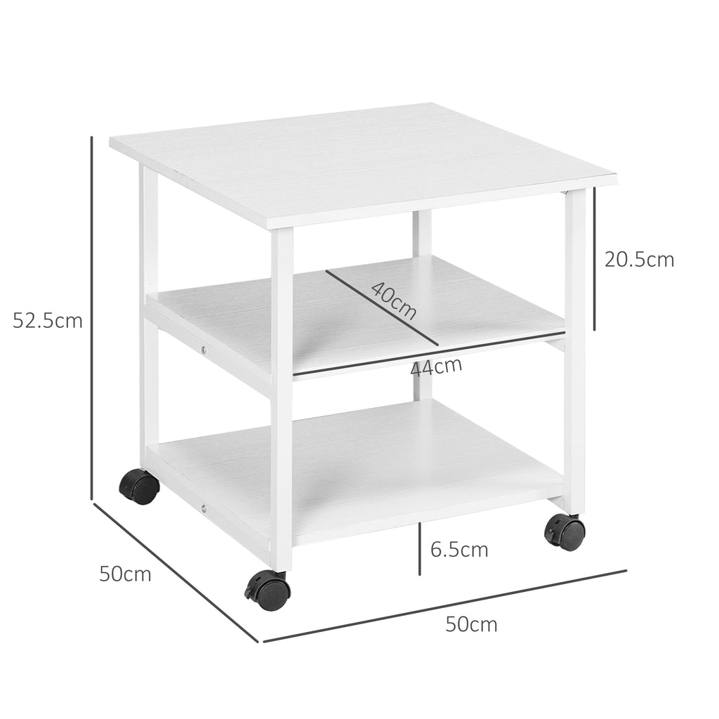 3-Tier Printer Cart with 4 Wheels, Wood and Steel, 50x50x52.5cm, White