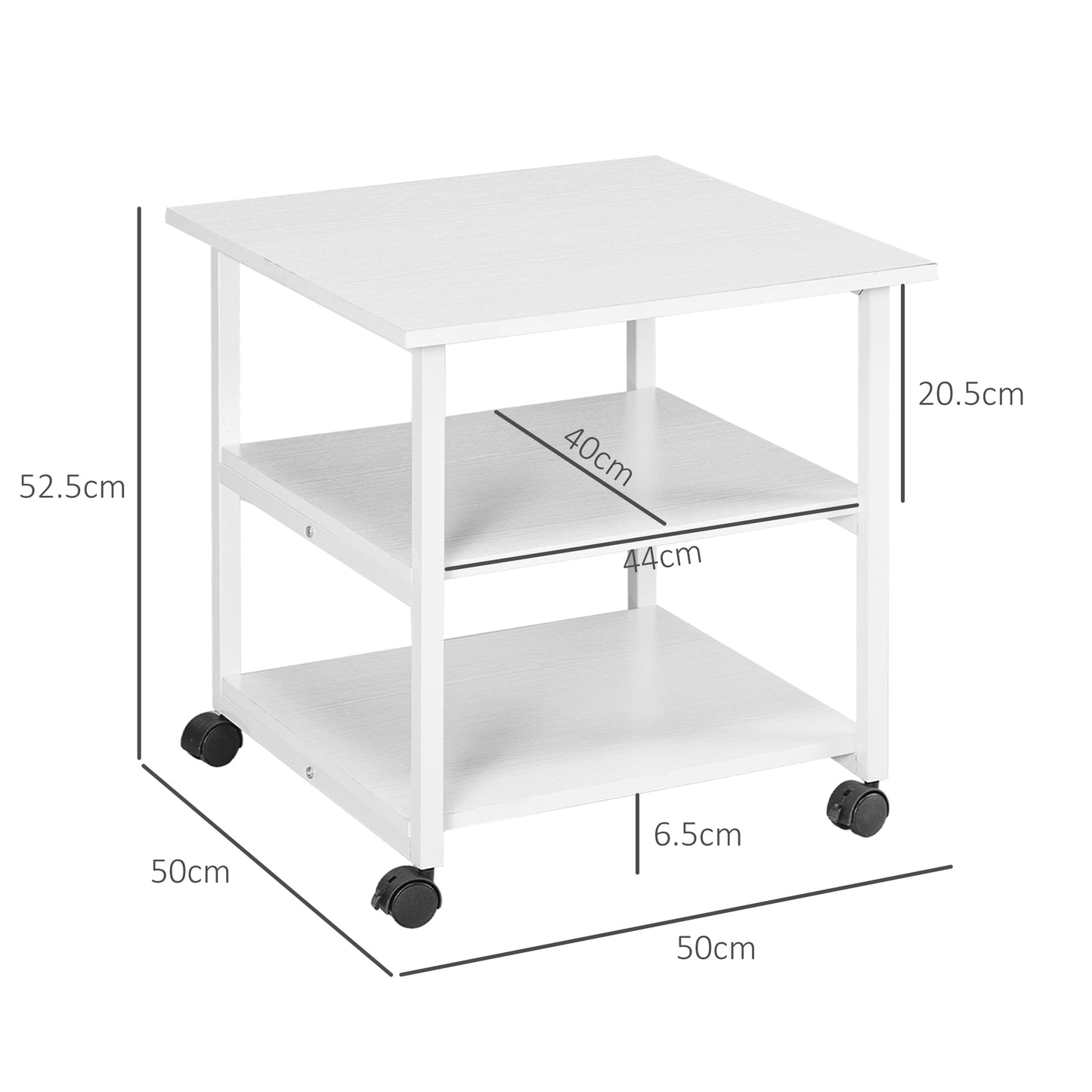 3-Shelf Printer Trolley with 4 Wheels, Wood and Steel, 50x50x52.5cm, White