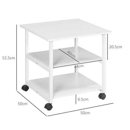 3-Shelf Printer Trolley with 4 Wheels, Wood and Steel, 50x50x52.5cm, White