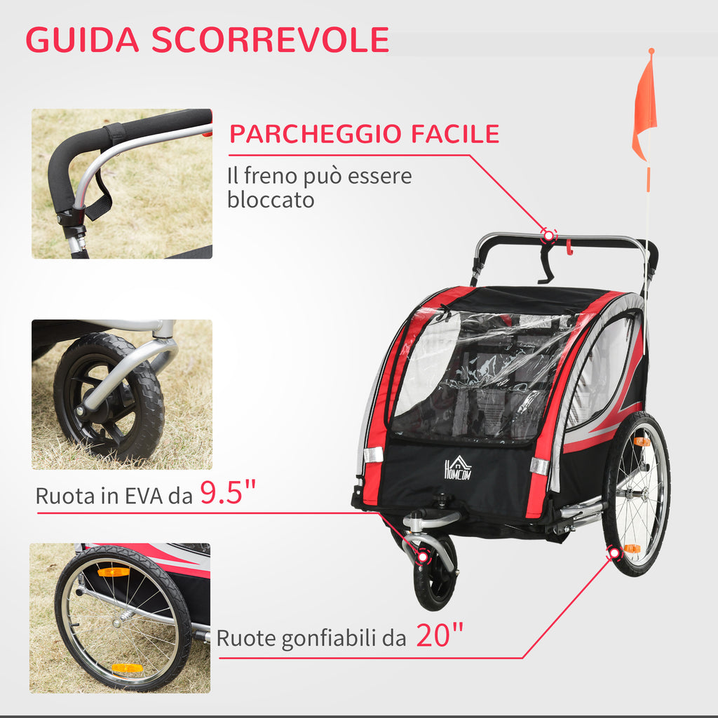 Kids Bike Trailer and Stroller, 2-in-1 Design with Brake, 5-Point Harness, Bicycle Trailer with Side Pockets, Reflectors and Flag, Red