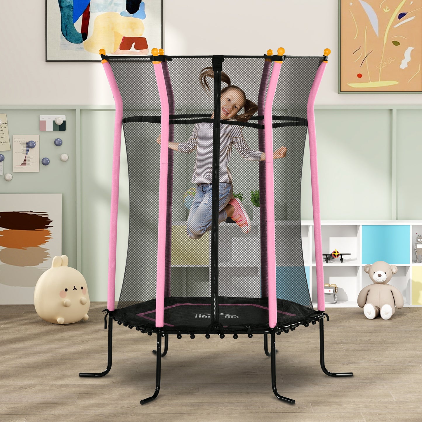 Children's Trampoline with Hinged Entry and Padded Poles, in Steel, PP and EPE, Ø163.5x190 cm, Pink