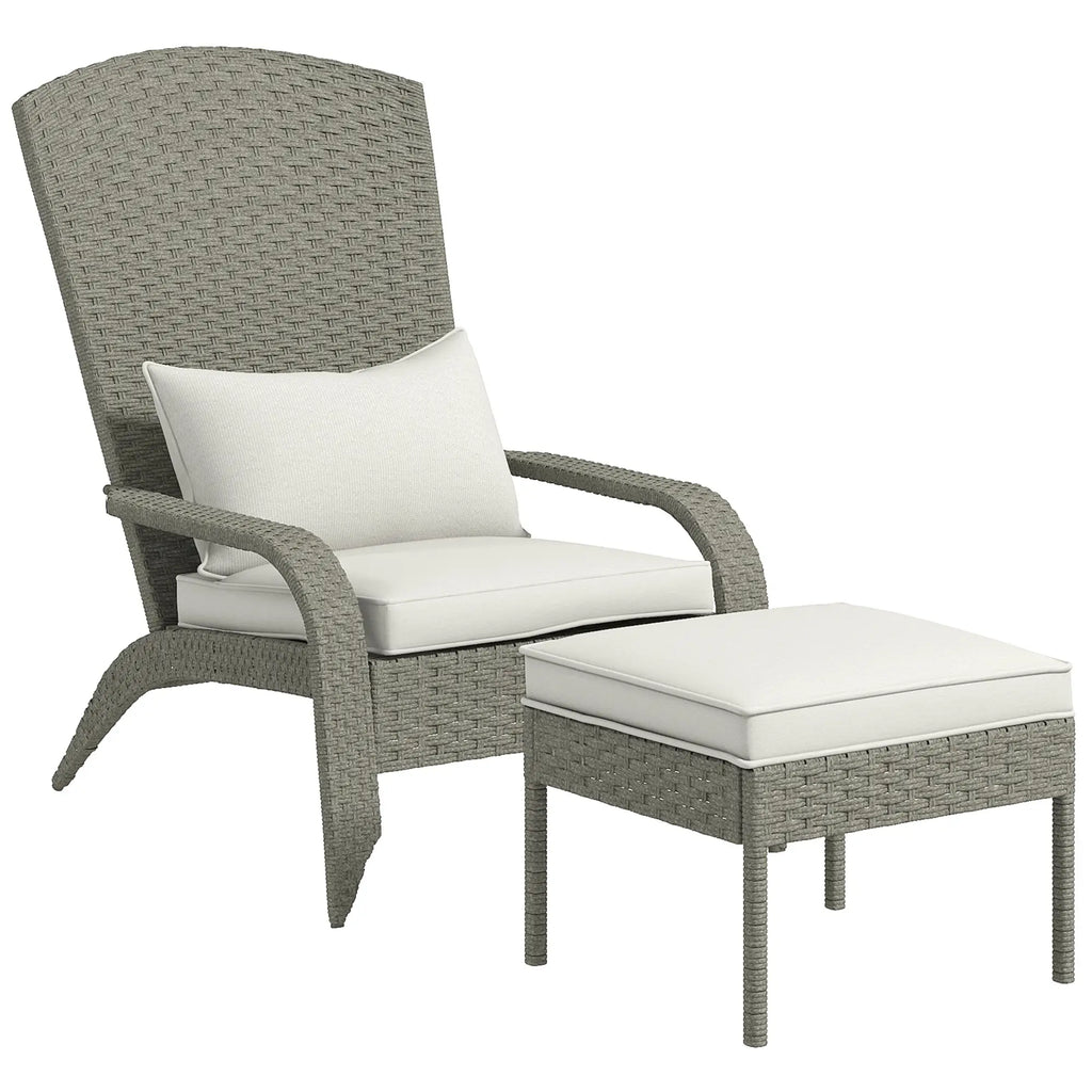 Garden Chair with Footrest and Padded Cushions, in Rattan and Steel, 64x82x89 cm, Grey and Cream