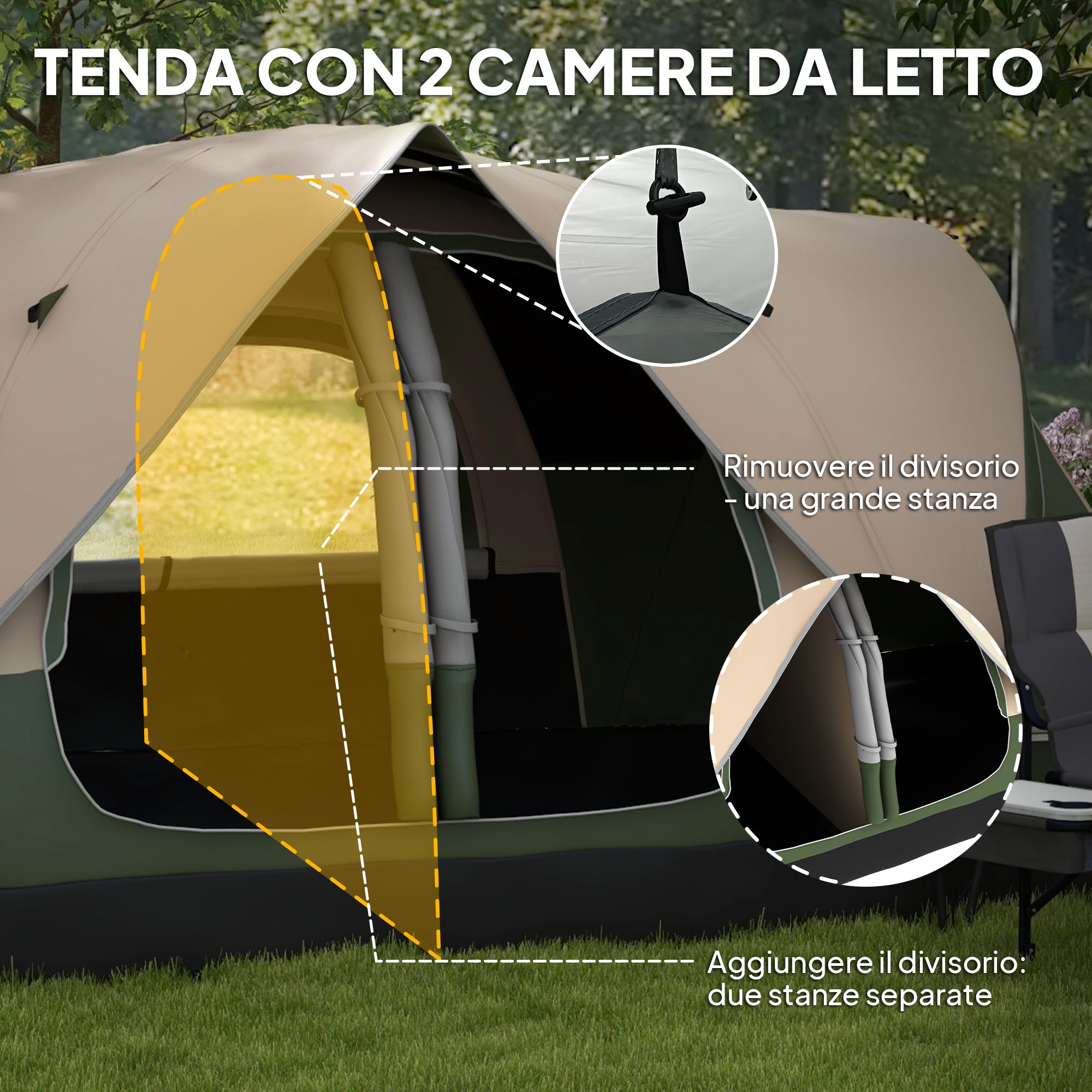 6 Person Camping Tent with 2 Separate Rooms, Polyester and Fiberglass, 450x215x180 cm, Dark Green